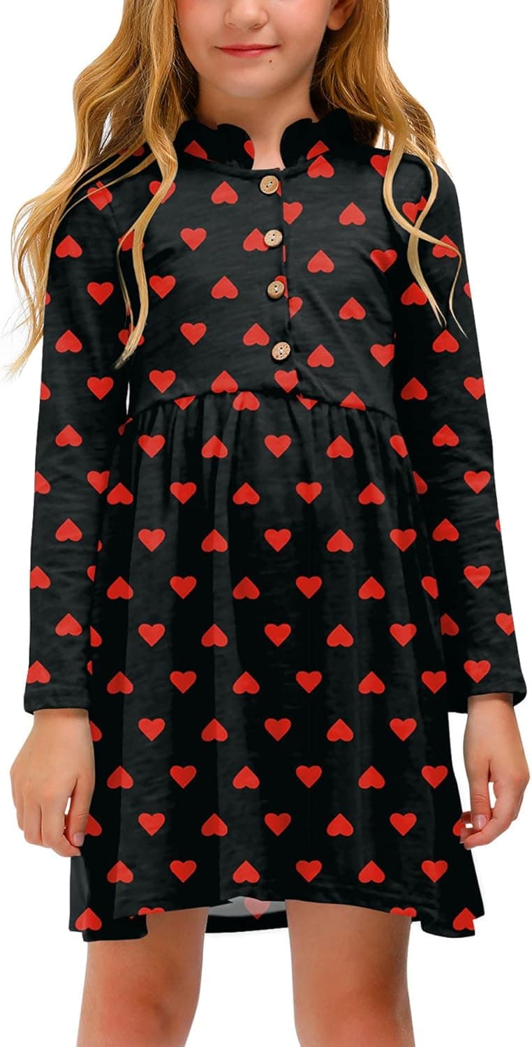 BesserBay Girl's Ruffle Collar Button-Down Pleated Casual Swing Midi Dress 4-12 Years