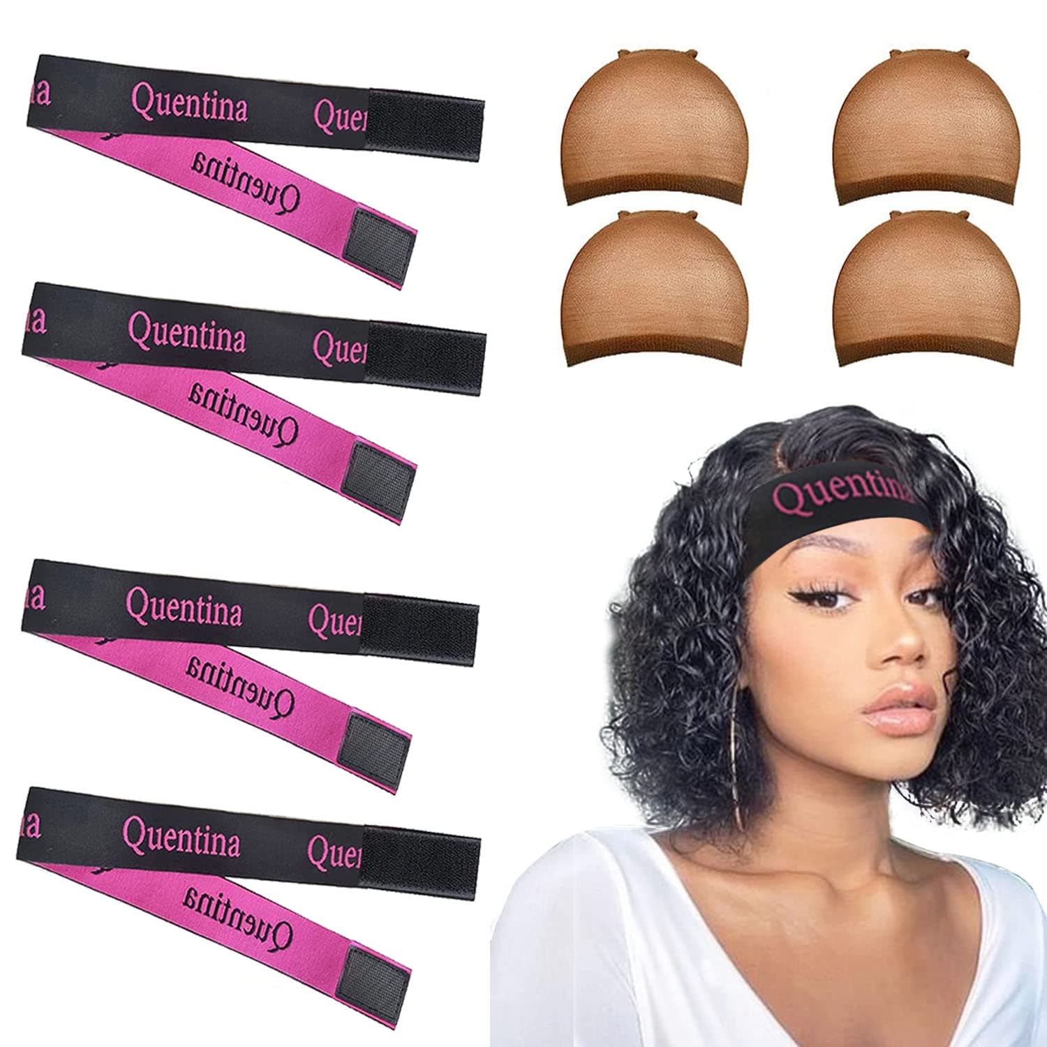 AIRIT LOVELY 4PCS Elastic Bands for Wig Edges Lace Melting Bands Edge laying Bands Adjustable Wig Bands for Lace Front,Wig Band for Edges with 4PCS Stretchy Nylon Stocking Wig Caps for Women