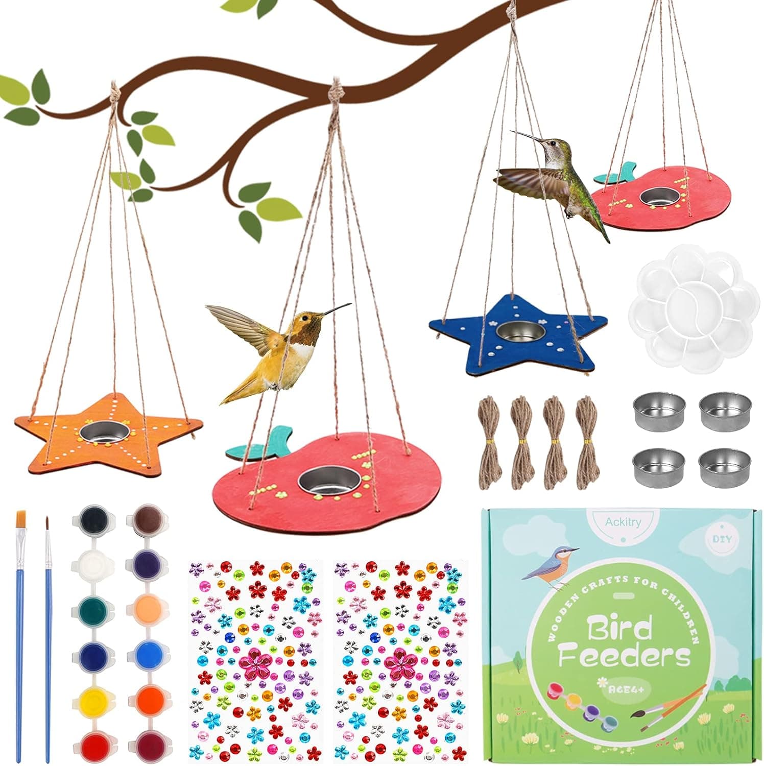 Ackitry 4 Packs Bird Feeders Craft Painting Kit, Kids Arts and Crafts DIY Wooden Bird Feeders Handicrafts Kit