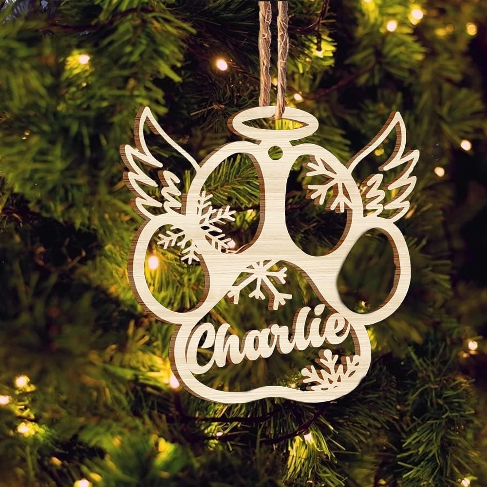 Wamantic Personalized Wooden Dog Cat Paw Ornament Christmas is Coming - Dog Cat Pet Name and Angel Wings Customized Ornament Wood Ornament Pine Tree Hanging Christmas Decorations (2#)
