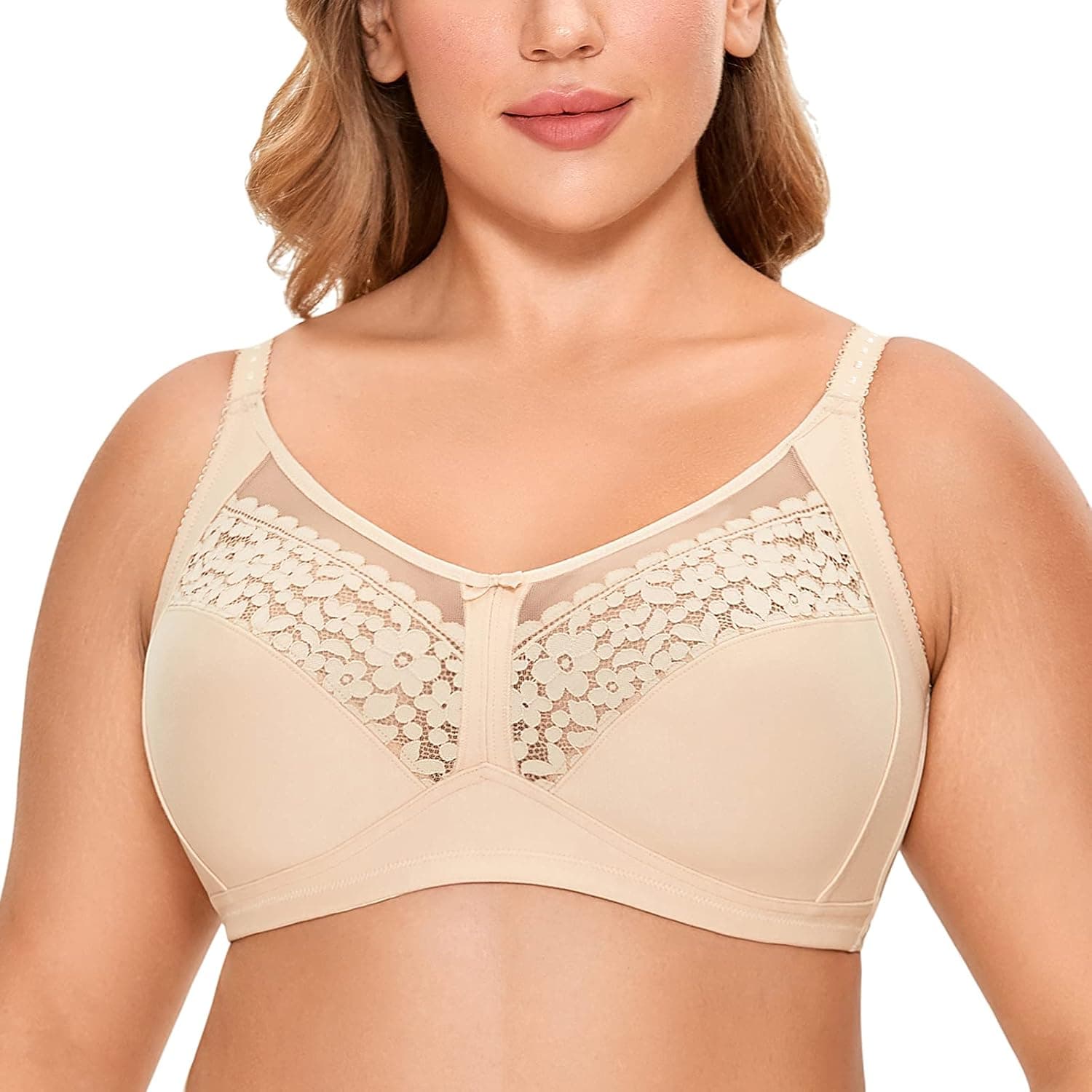 DELIMIRA Women's Wireless Bra Plus Size Support Lace Unlined Cotton Full Coverage