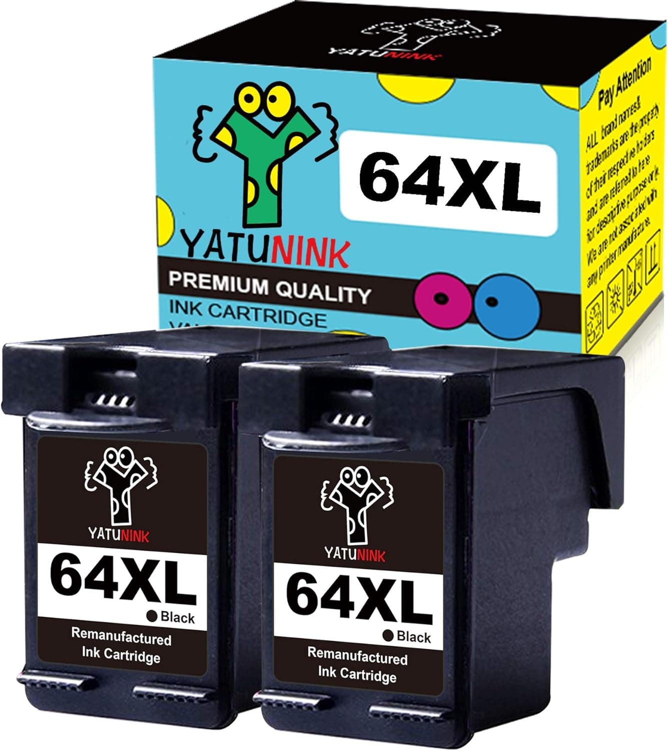 YATUNINK Remanufactured 64XL Ink Cartridges Replacement for HP 64XL 64 XL Black Ink Cartridge for Hp Envy Photo 7120 7130 7132 7155 7158 7164 7855 7858 6220 6230 6252 6255 Printer(2 Black)