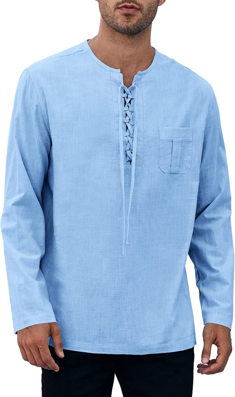Men Linen Henley Shirt Retro Hippie Long Sleeve V Neck T Shirts Casual Beach Yoga Lace up Tee Plain Tops