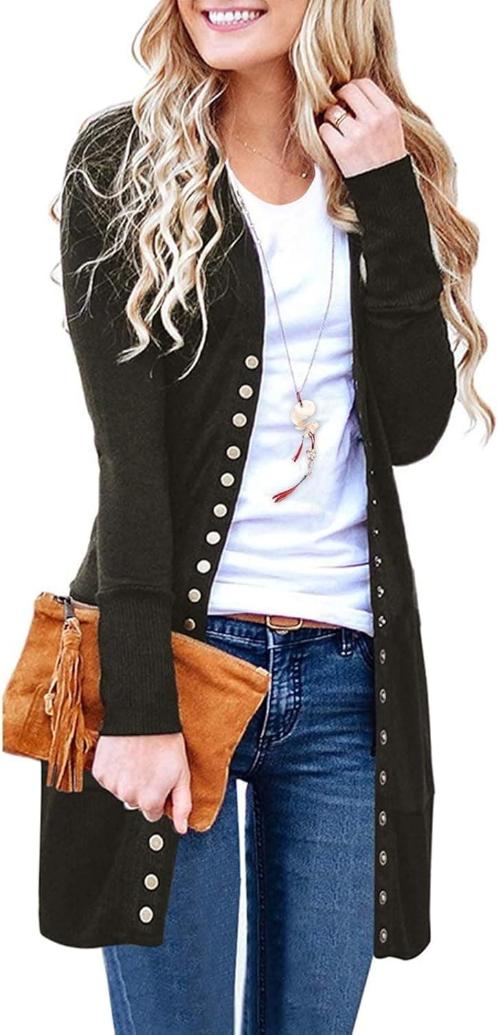 SATINATO Sweaters for Women,Cardigan Sweaters for Women, Long Sleeve Soft Basic Knit Solid Color Cardigan Sweater (Army Green, L)