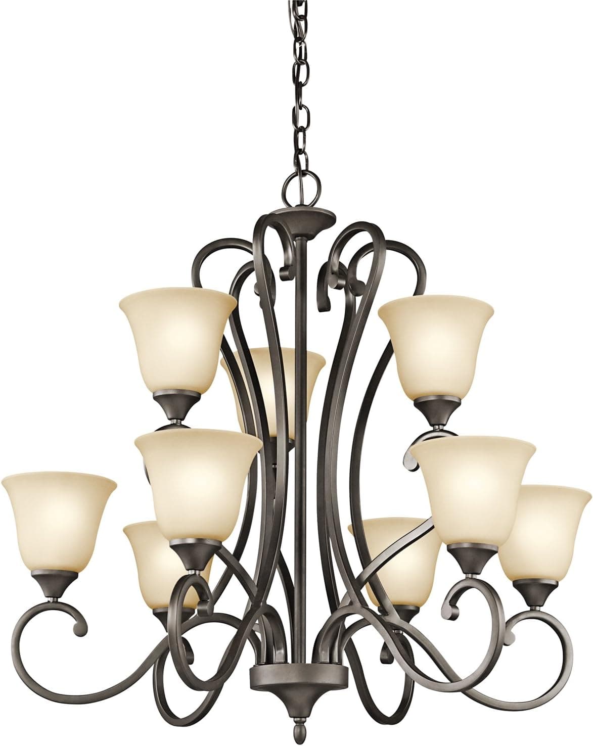 Kichler 43177OZ Feville 9-Light 2-Tier Chandelier with Light Umber Etched Glass, Olde Bronze Finish