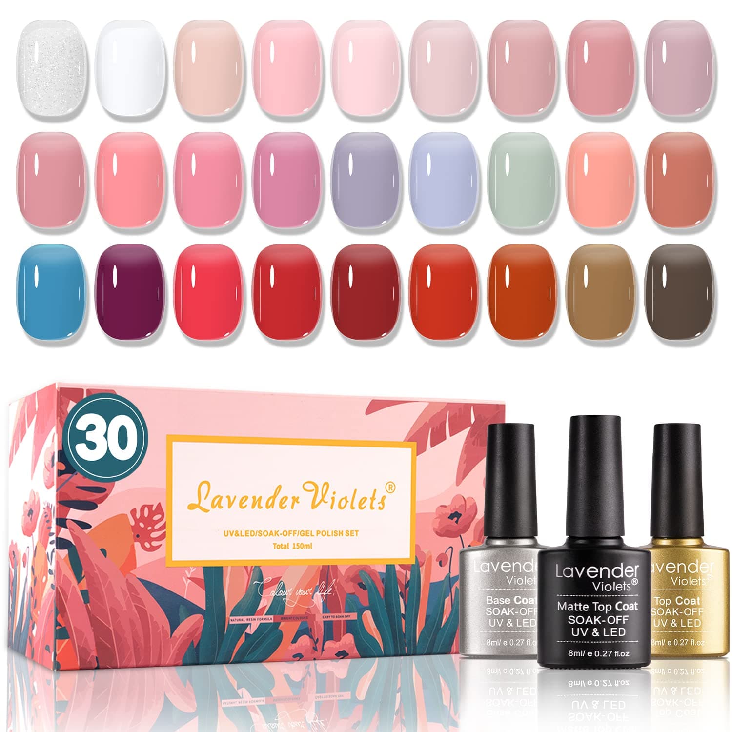 Lavender Violets Translucent Gel Nail Polish Kit 27+3 Colors Semi-transparent Jelly Sheer Nail Gel Varnish with Base, Matte and Glossy Top Coat C976