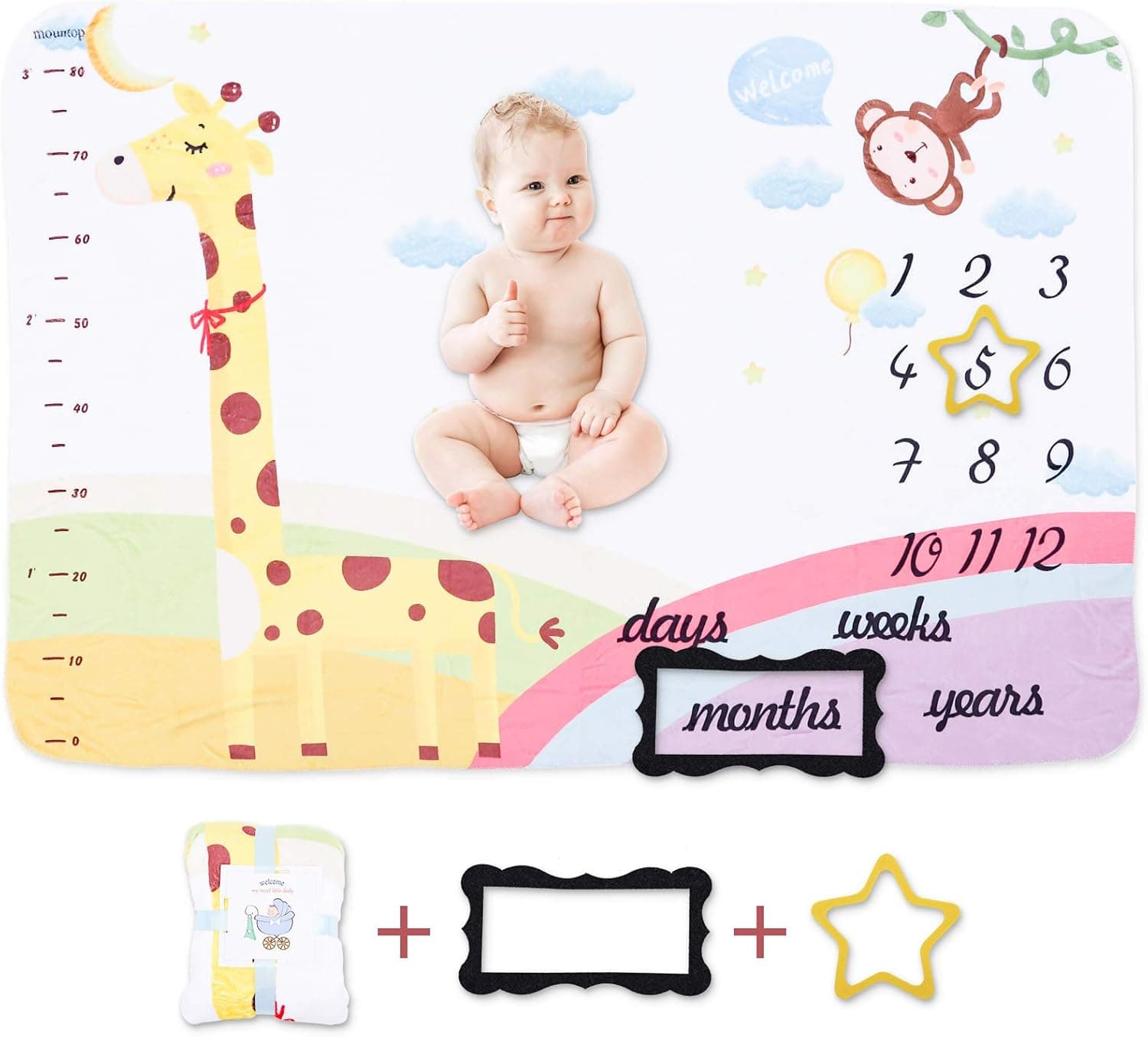 mountop Baby Monthly Milestone Blanket for Boy and Girl, Giraffe & Monkey Theme, Soft Memory Blanket for Newborn Baby Shower, Cute Photo Background Blankets for Nursery 60"x40"