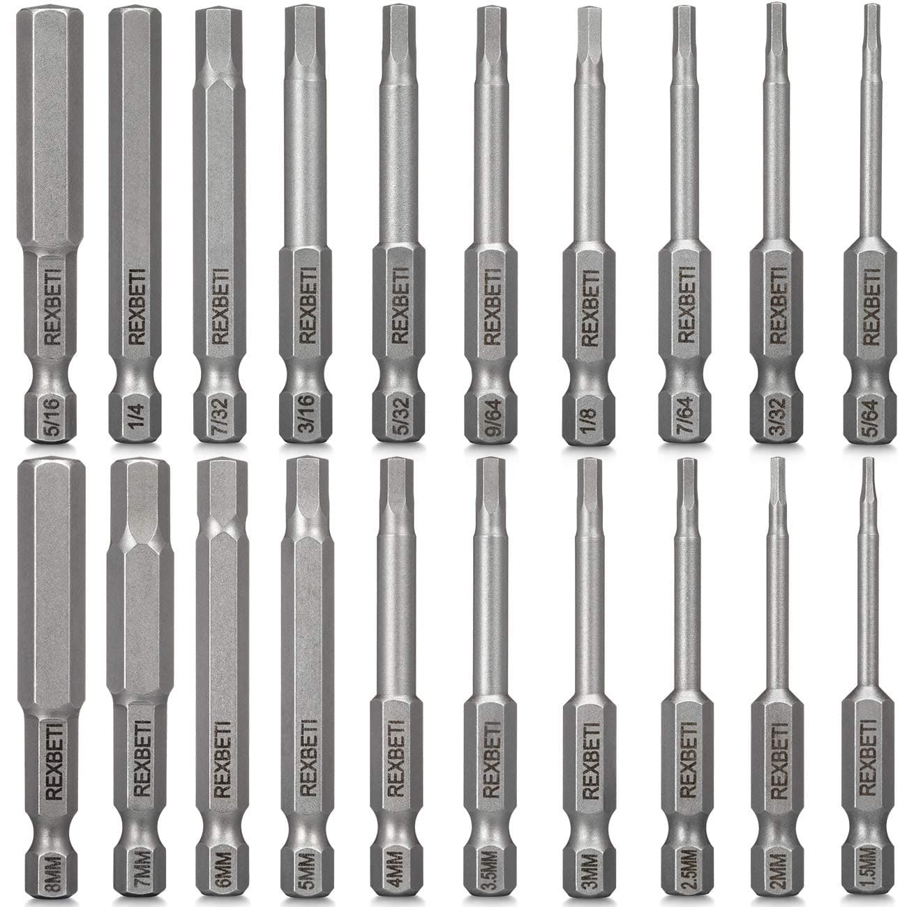 REXBETI 20 Piece Hex Head Allen Wrench Screwdriver Bit Set, SAE Metric 1/4 Inch Hex Shank S2 Steel Magnetic 2.3 Inch Long Drill Bits with Storage Box(20-Hex Bit Set(silver))