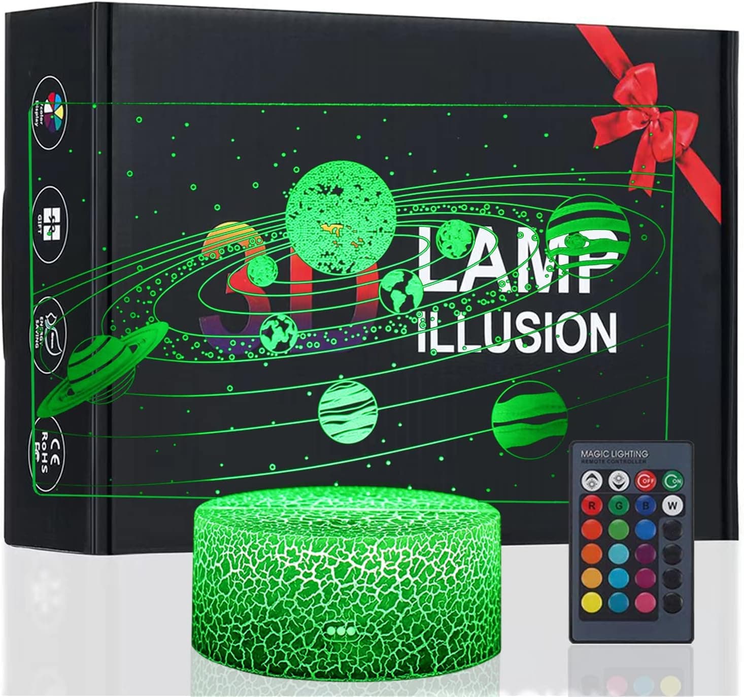 HenTacles with Remote Control 16 Colors Changing,Solar System 3D Optical Illusion Side Table Lamp Universe Space Galaxy Night Light for Kids, Room Decor Light, Gift for Boys and Girls