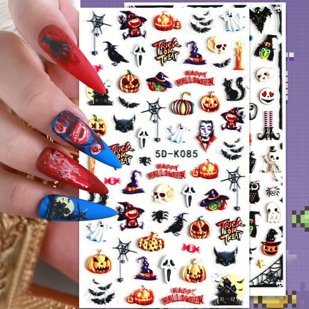 5D Embossed Halloween Nail Stickers Delicate Engraved Halloween Nails Self Adhesive Nail Supplies Sticker Halloween Nail Art Designs Halloween Blood Ghost Bat Pumpkin Mouth Nail Art Decorations