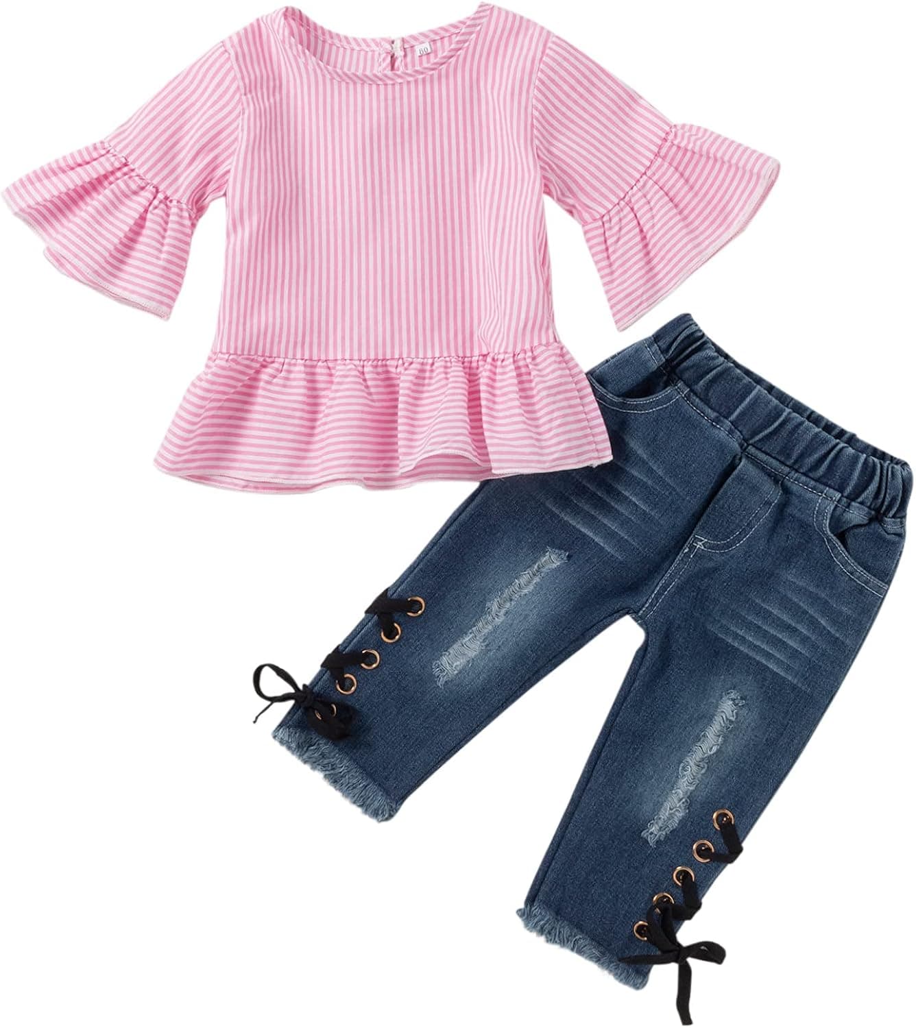 Toddler Girls Clothes Blue Ruffle Short Sleeve Top+Denim Ripped Long Jeans Outfits Baby Girl Clothing