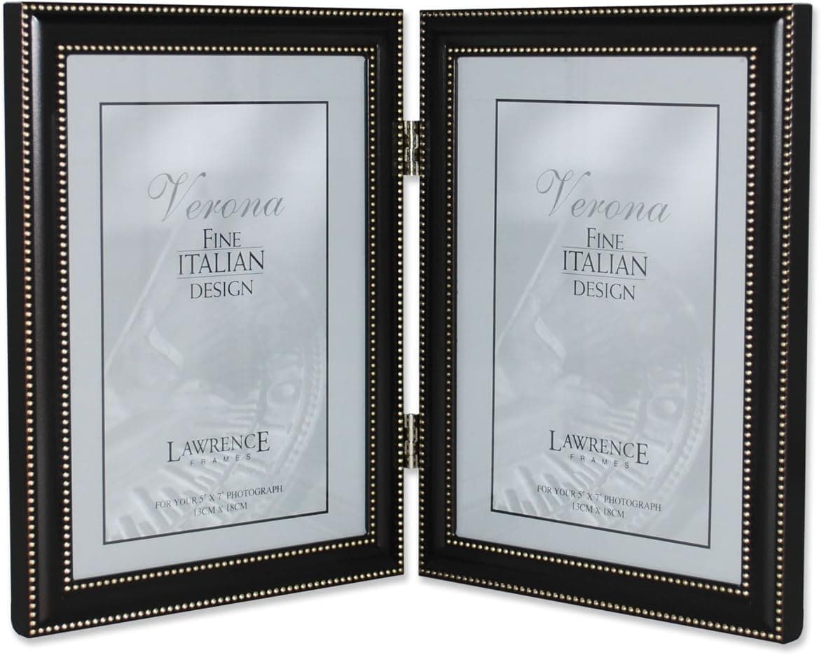 Lawrence Frames 5 by 7 Hinged Double Vertical Metal Picture Frame Oil Rubbed Bronze with Delicate Beading