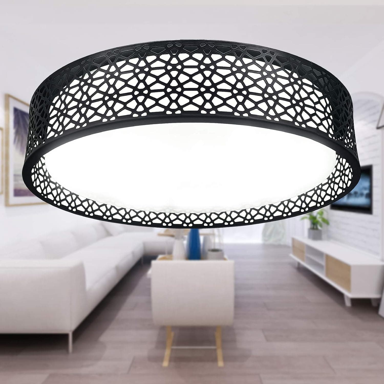 YXTH LED Ceiling Light Fixtures, 15 inches Flush Mount Light Fixture 28W Bedroom/Hallway/Kitchen Light Fixtures Ceiling 3 Color Lumen 3000K-6500K Metal Lampshade (Black, 15 inches)