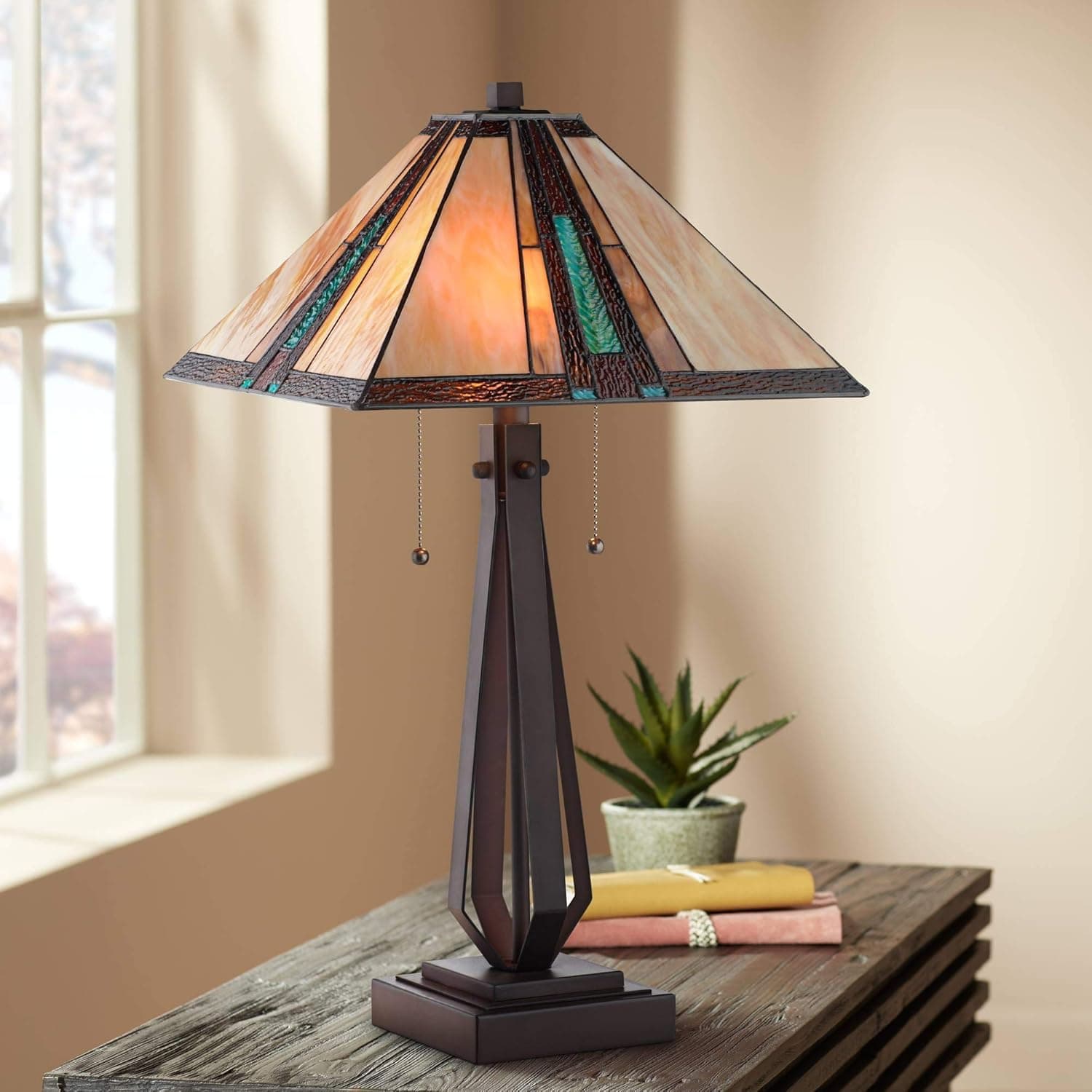 Franklin Iron Works Roger Marta Mission Southwestern Tiffany Style Table Lamp 25" High Bronze Brown Metal Stained Art Glass Shade Decor for Living Room Bedroom House Bedside Nightstand Home Office
