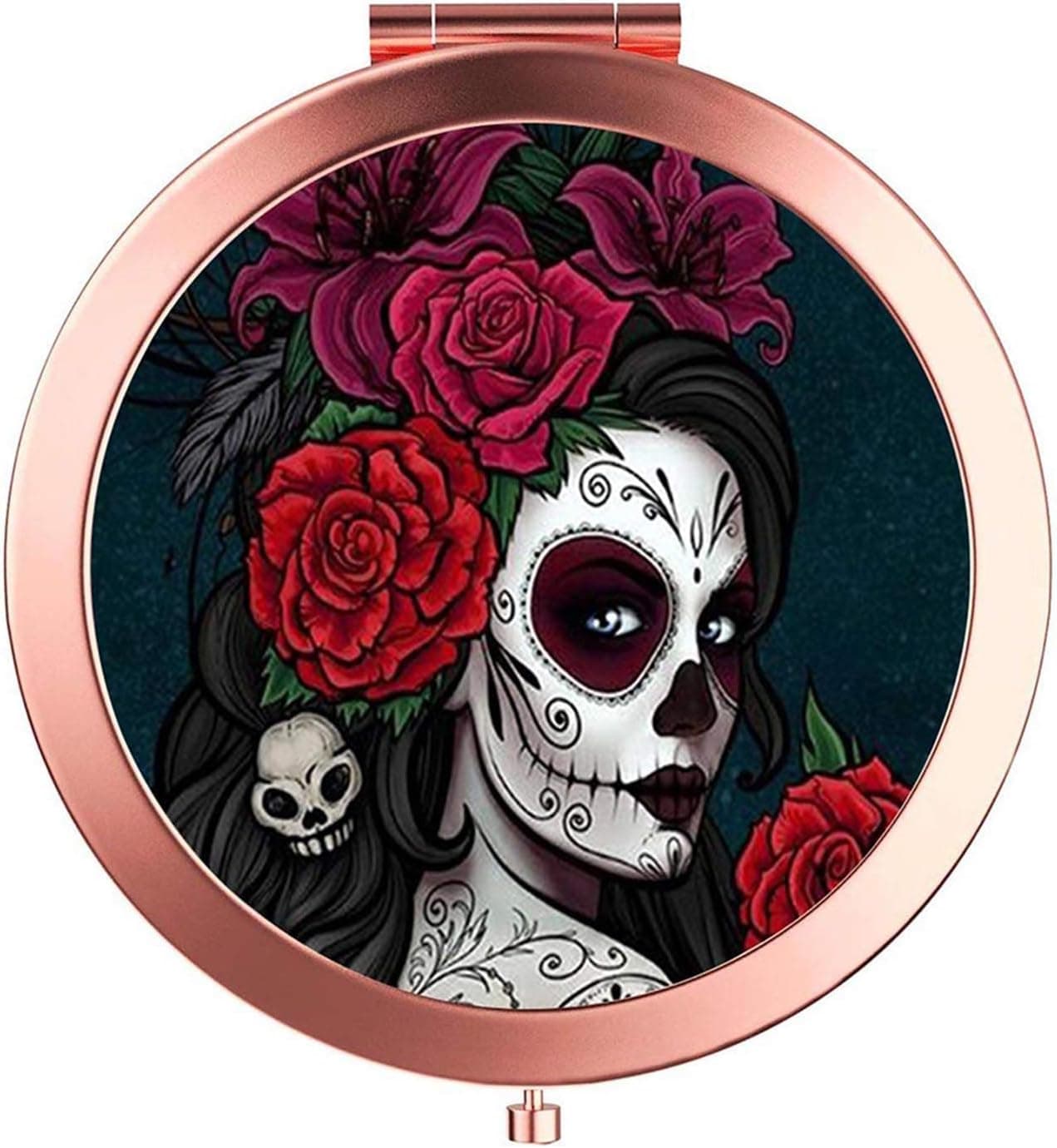 Rose Gold Travel Purse Mirror Compact Double Sides 2X & 1x Magnification Hand Mirror Metal Round Bohemian Mirror for Women and Girls-Sugar Skull