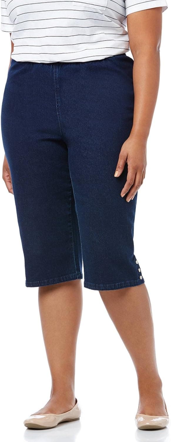 Symbidium Women's Plus-Size Easy Fit Comfort Elastic Waist Pull-On Essential Capri Pant with Hem Buttons
