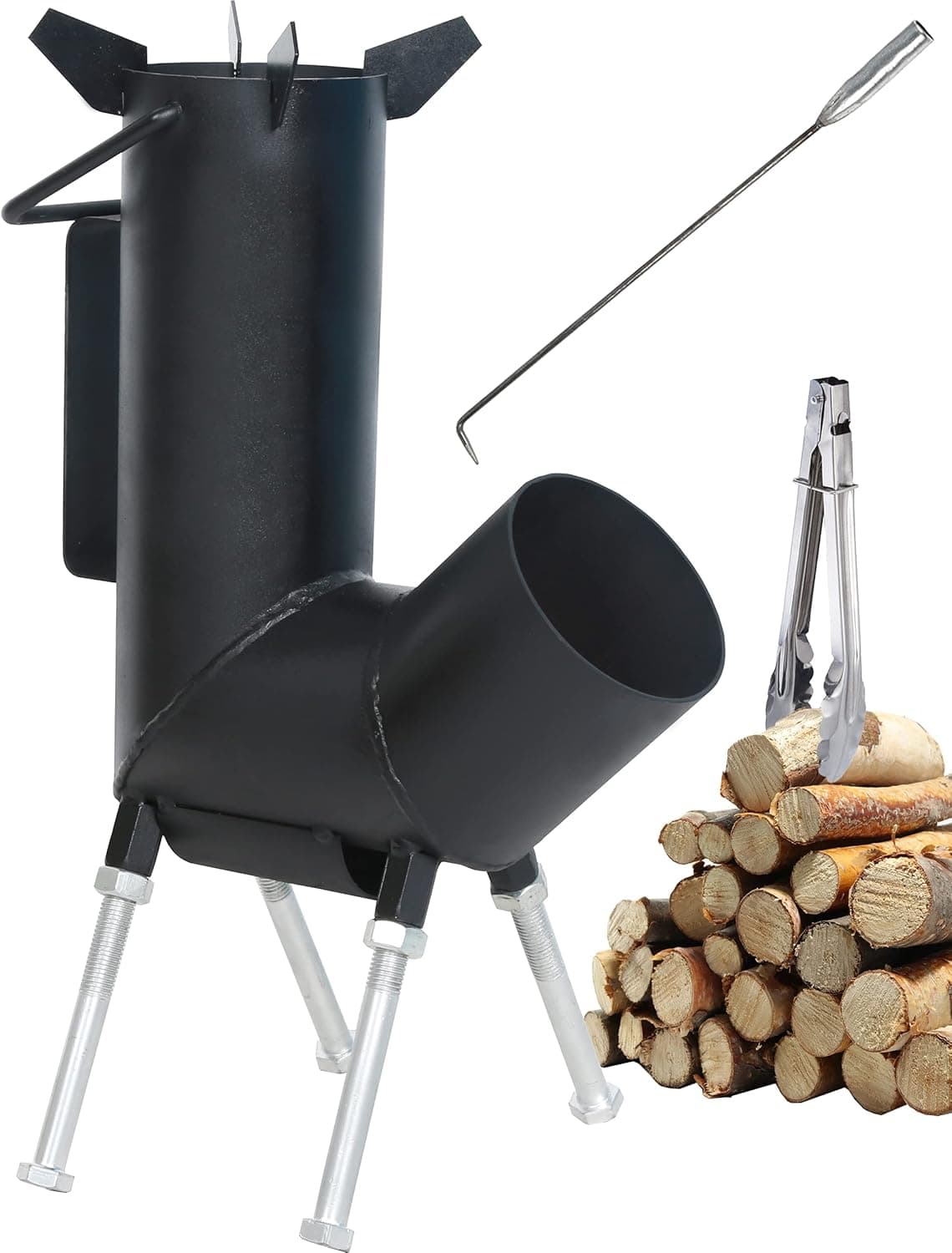 Rocket stove with handle, A portable wood burning camping stove with a fire poker & tongs. wood burning Rocket stove with Large Fuel Chamber Best for outdoor cooking. tent heater & emergency.