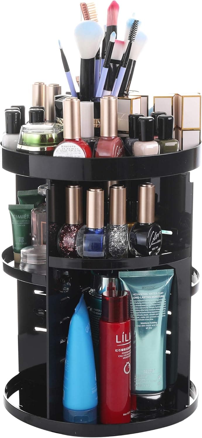 Sooyee 360 Rotation Makeup Organizer,DIY Adjustable Make up Carousel Spinning Holder Ondisplay Rack,Large Capacity Round Bathroom Storage Tower Cosmetics Caddy Shelf Box, Best for Countertop, Black