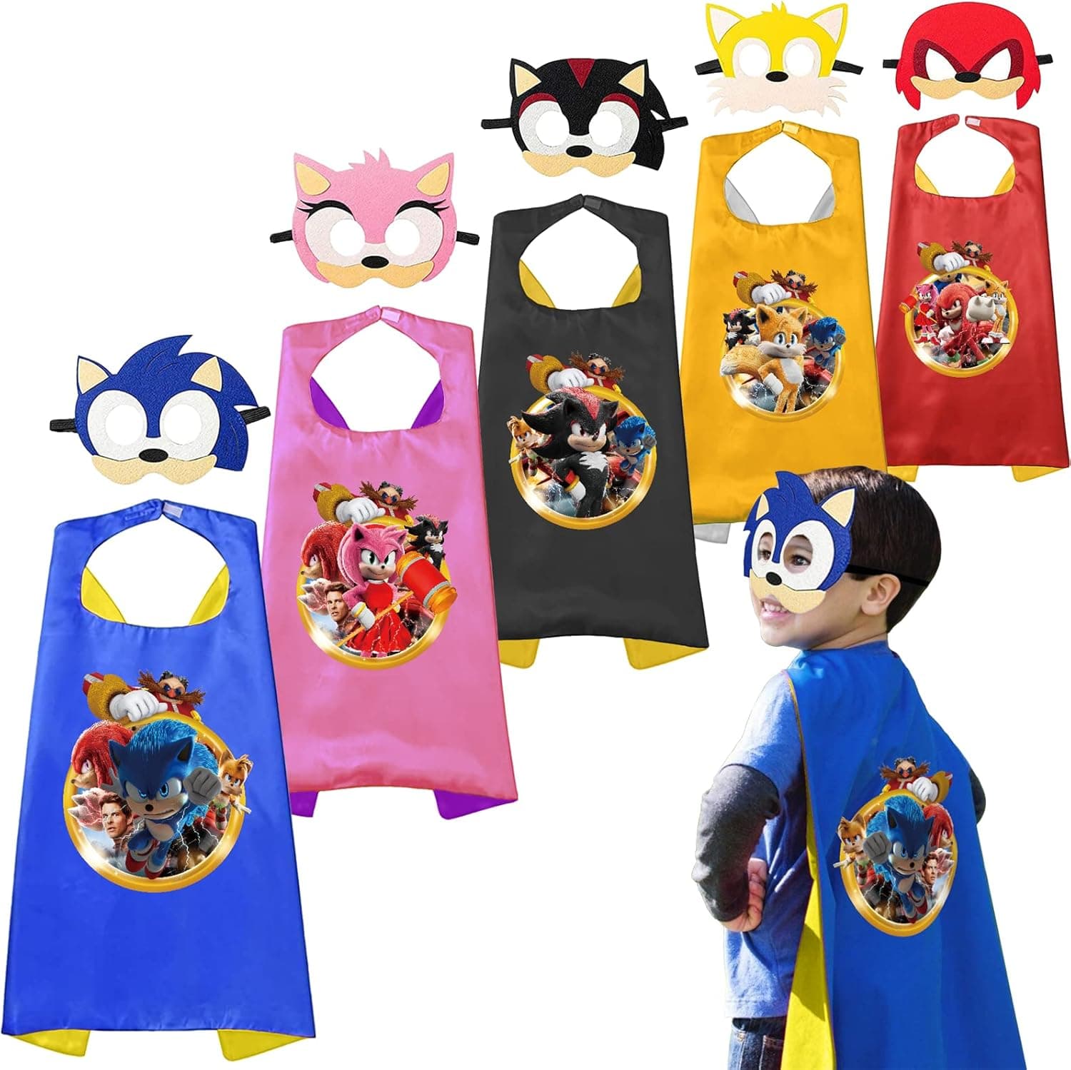 5 sets of Sonic cloaks and masks, hedgehog party decoration role-playing costumes, children's favorite birthday party supplies.