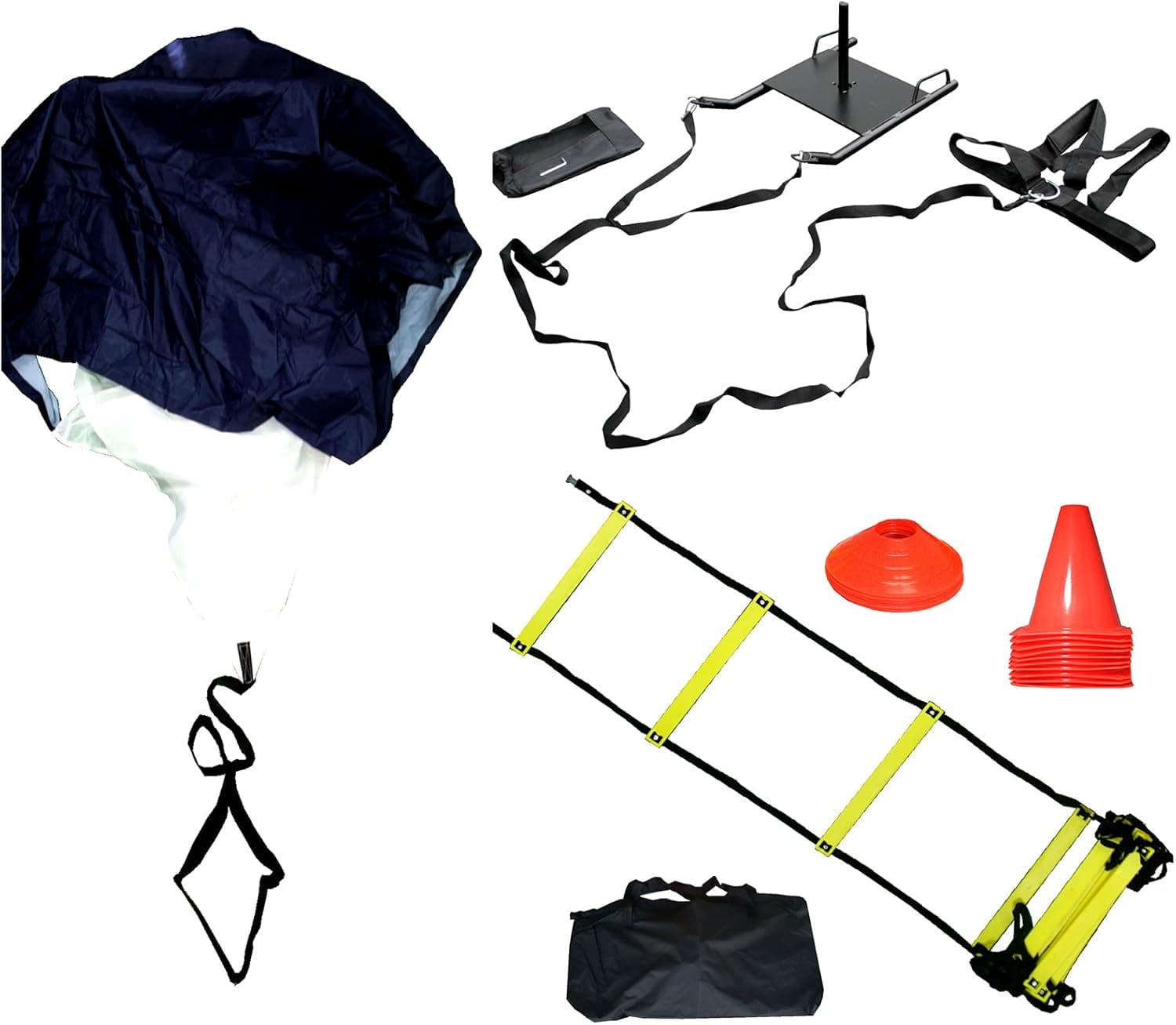 Bluedot Trading Strength & Agility Training Cones Kit Including Speed Ladder, Power Sled, Adjustable Resistance Parachute, Agility Training Cones Set & Carrying Bag
