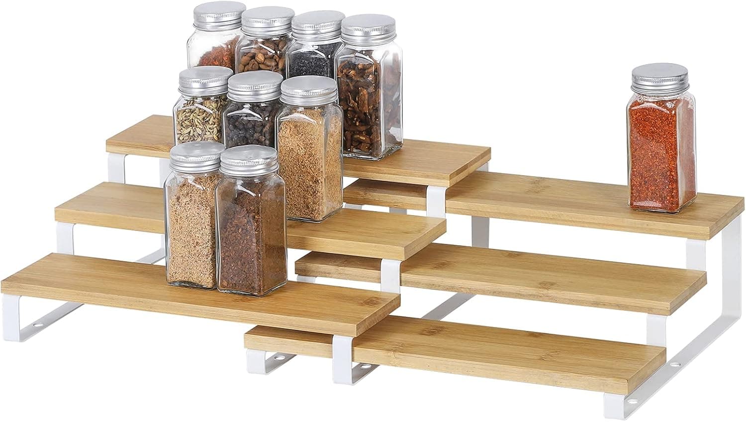MOOACE Expandable Spice Rack Set (15.35"-22.2" L), 3-Tier Step Shelf Organizer for Cabinet Countertop Pantry, Set of 2
