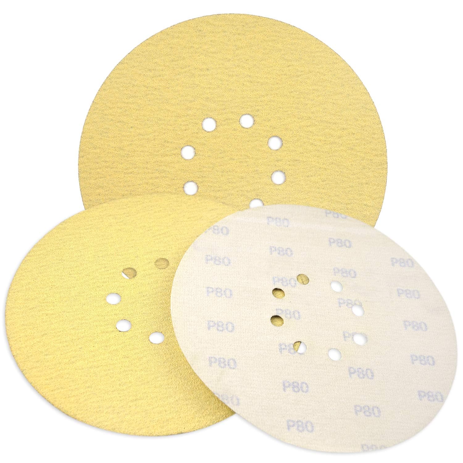 9 Inch 8-Holes Hook and Loop Drywall Sander Sanding Discs 80 Grit Aluminum Oxide Sandpaper for Vacuum System Power Disc Sanders, Drywall Stone Rough Wood Car Yacht Grinding Polishing Paper, 10-Pack