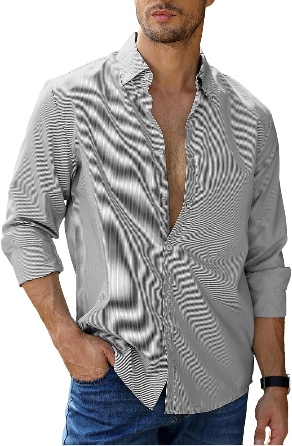 CTU Men's Fashion Striped Shirts Casual Athletic Fit Muscle Dress Shirts Long Sleeves Button Down Shirts