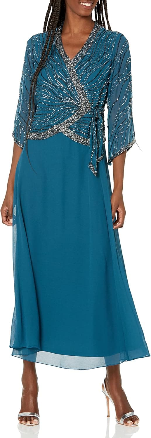 J Kara Women's Long 3/4 Sleeve V-Neck Beaded Faux Wrap Dress