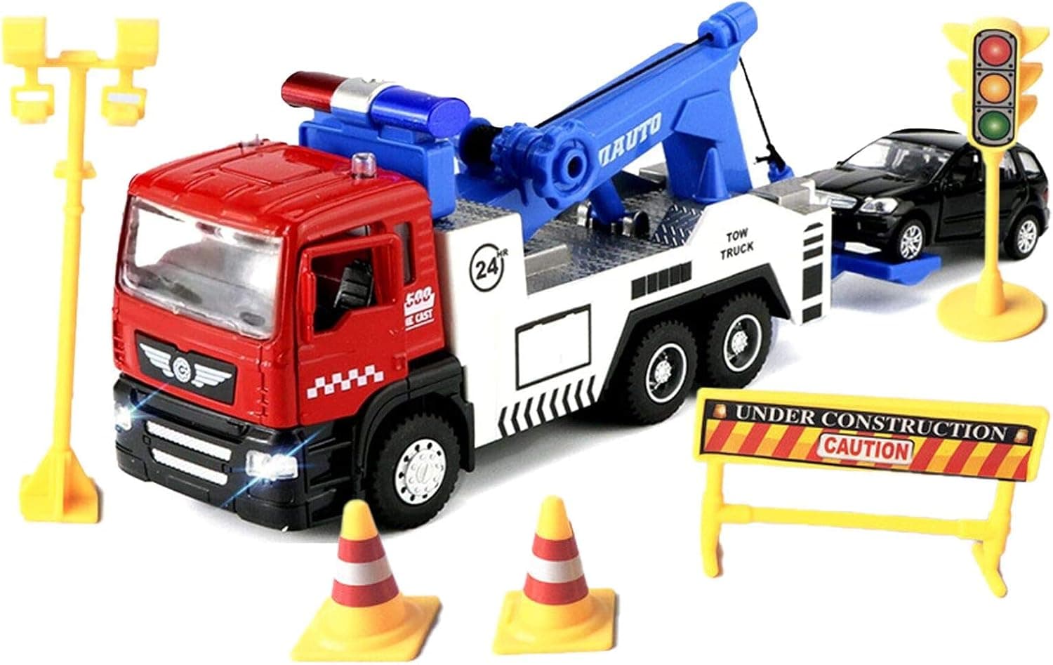 JOYINUS Toy Tow Truck Metal Diecast Truck with Car Pull Back Miniature Toy Trucks with Sound and Light for Boys(with 5 Pcs Traffic Signs)