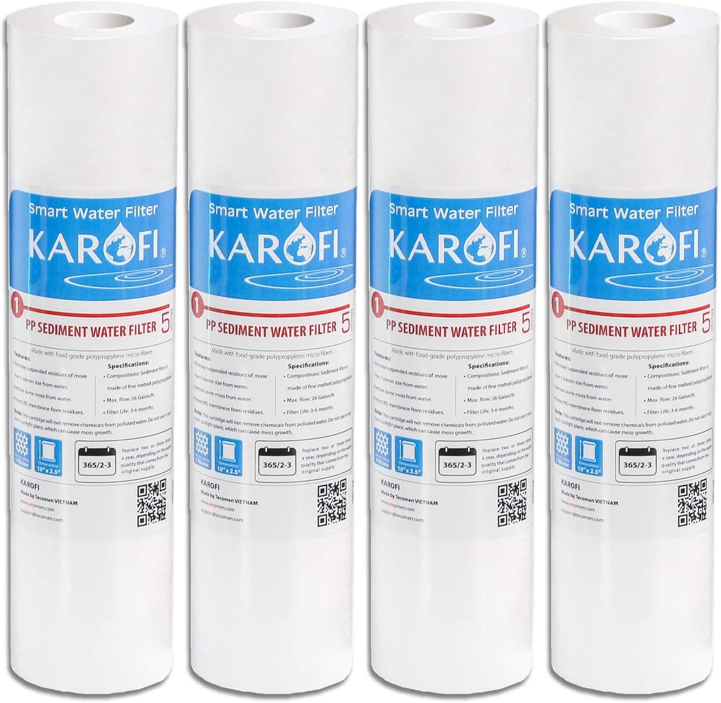 KAROFI 4-Pack 5 micron 10" x 2.5" Whole House Water Filter Cartridge | Sediment Water Filter Replacement for 10 Inches Reverse Osmosis System