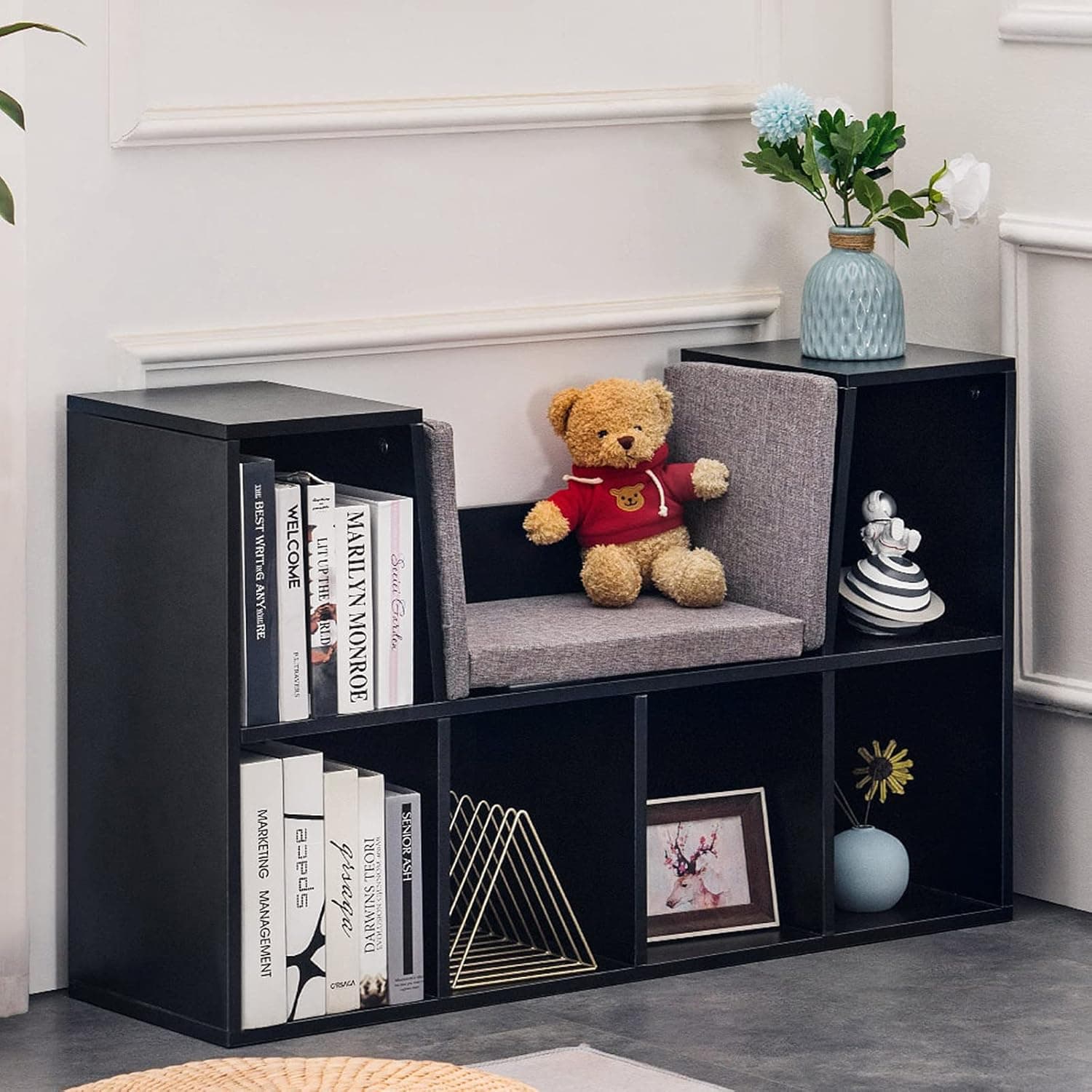 YOUDENOVA Kids Bookcases with Reading Nook, 6 - Cubby Playroom Organizer with Cushion, Wooden Corner Storage Book Shelf Nook for Kids Room and Bedroom,Gift for Age 3-10, Black