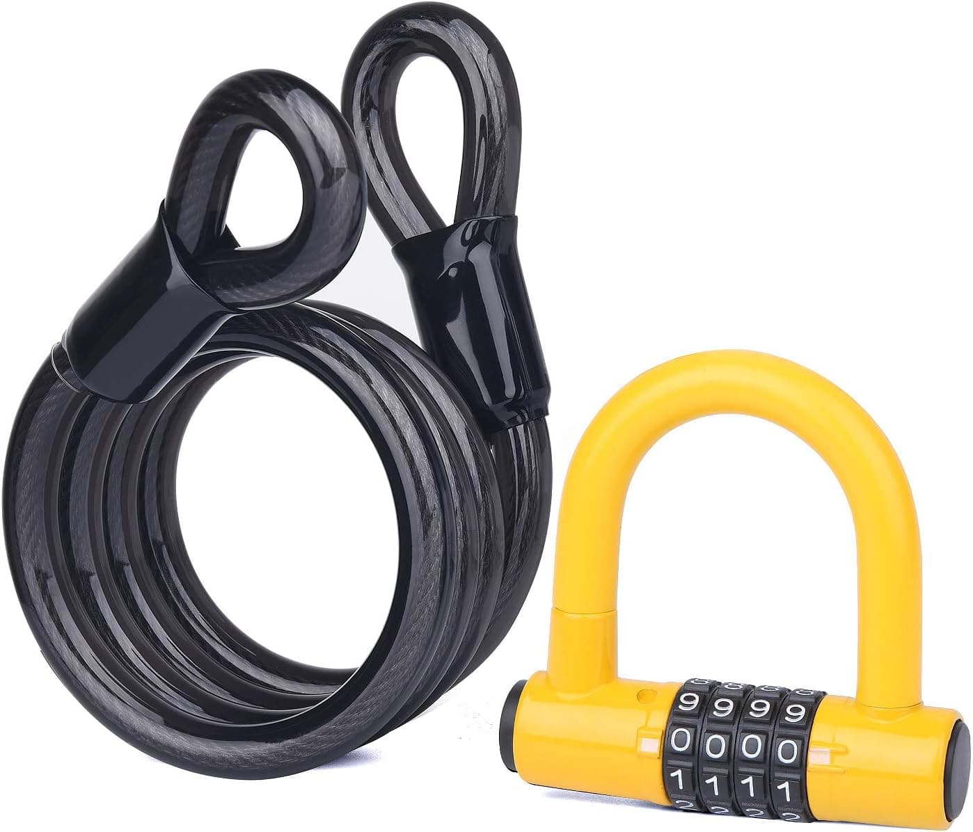 BIGLUFU Bike Security Steel Cable 4FT with 4 Digits Combination U Lock, Braided Steel Flex Lock Cable 12mm Thick Heavy Duty Vinyl Coated Flexible Steel Cable with Loop End