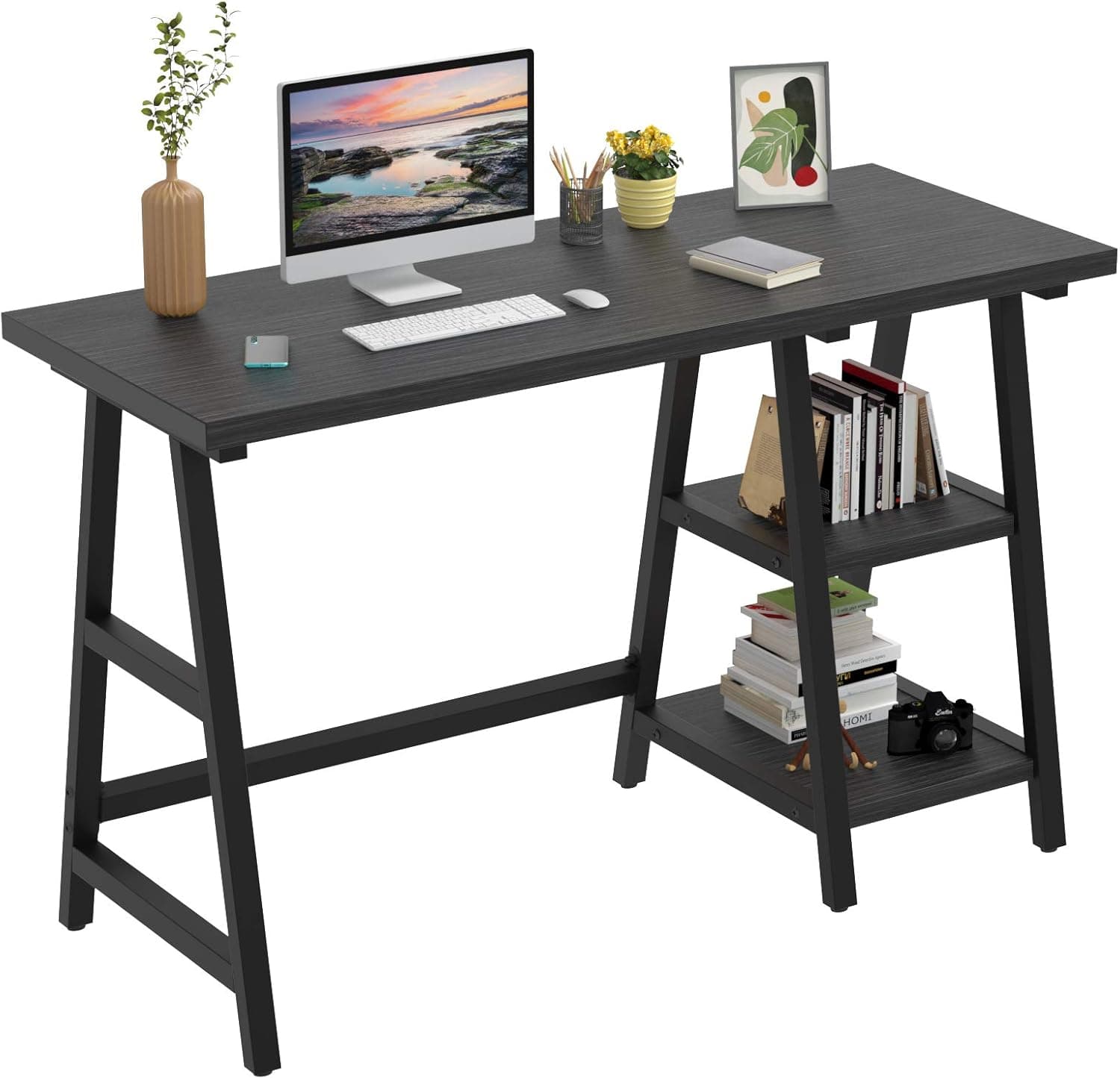 Foxemart Trestle Computer Desk 47 Inch Study Writing Home Office Desk with Storage Shelves, 2-Tier 47” Modern Sturdy PC Laptop Gaming Desk, Multifunctional Wooden Work Table, Black