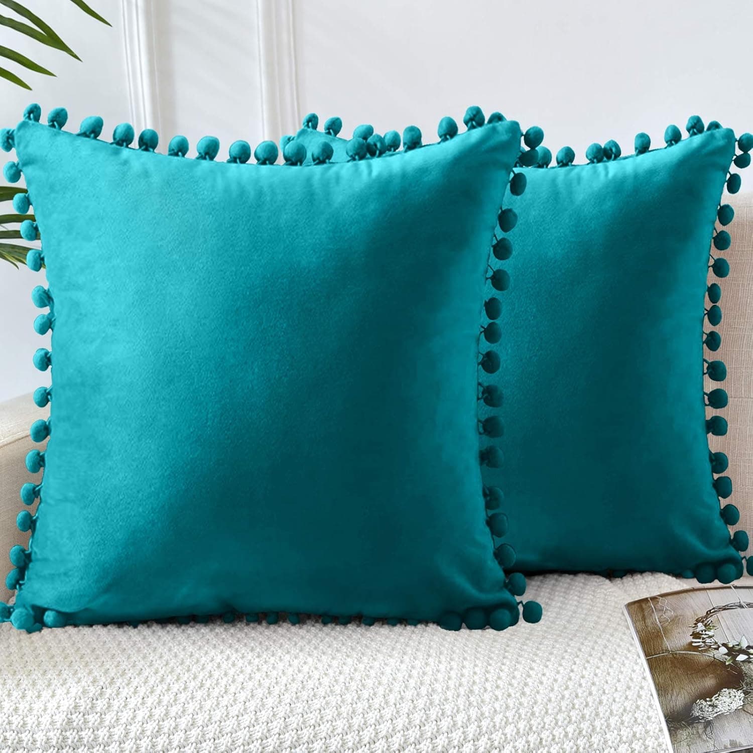 LHKIS Throw Pillow Covers 16x16, Peacock Blue Decorative Velvet Farmhouse Pillow Cases Cushion Cover with Pom Poms for Couch Sofa Bedroom, Set of 2