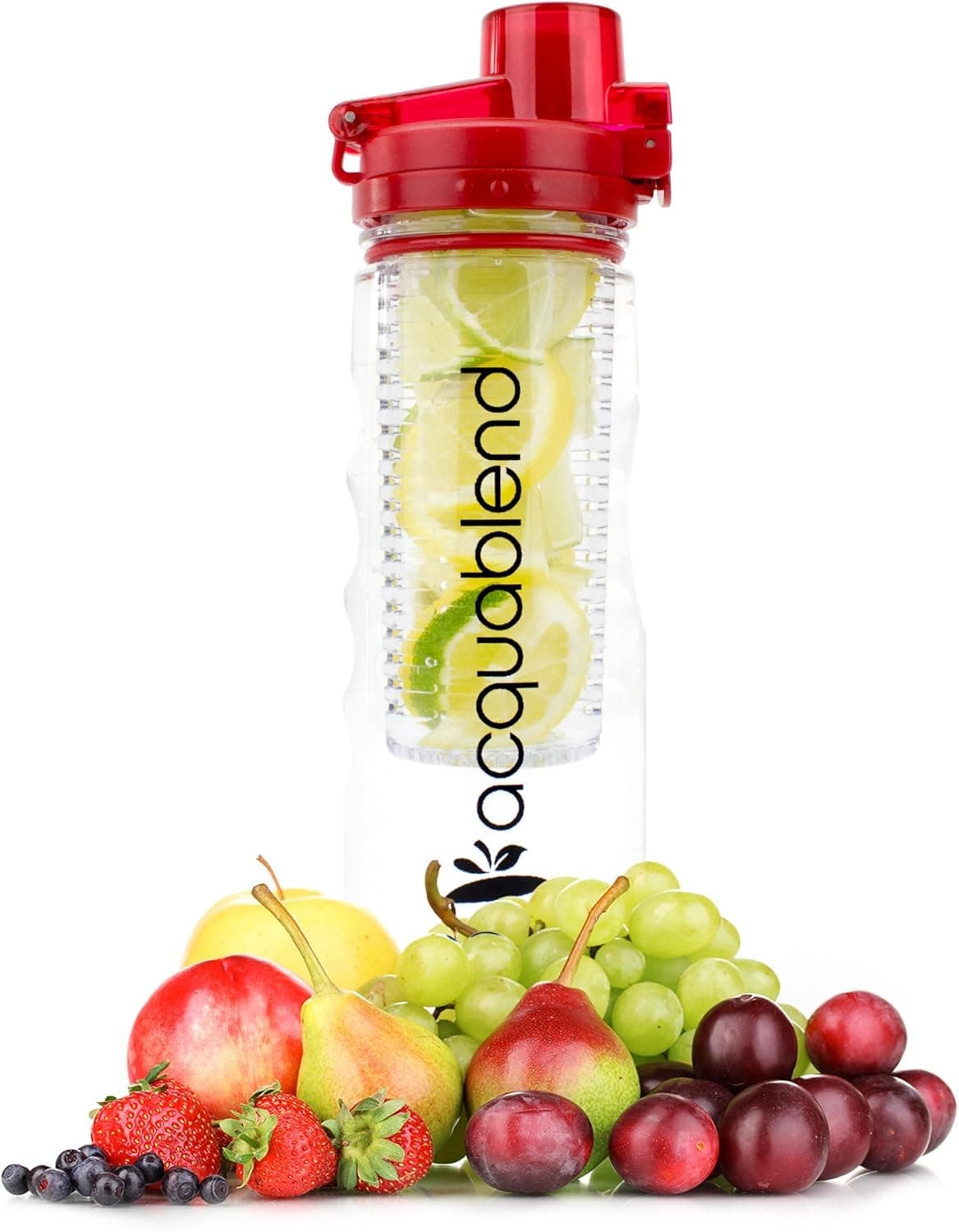 Acquablend Premium Sports 25oz Flip Top Fruit Infused Water Bottle. Ideal for Sports and Outdoors with Introductory Recipe E-Book Included (Red)