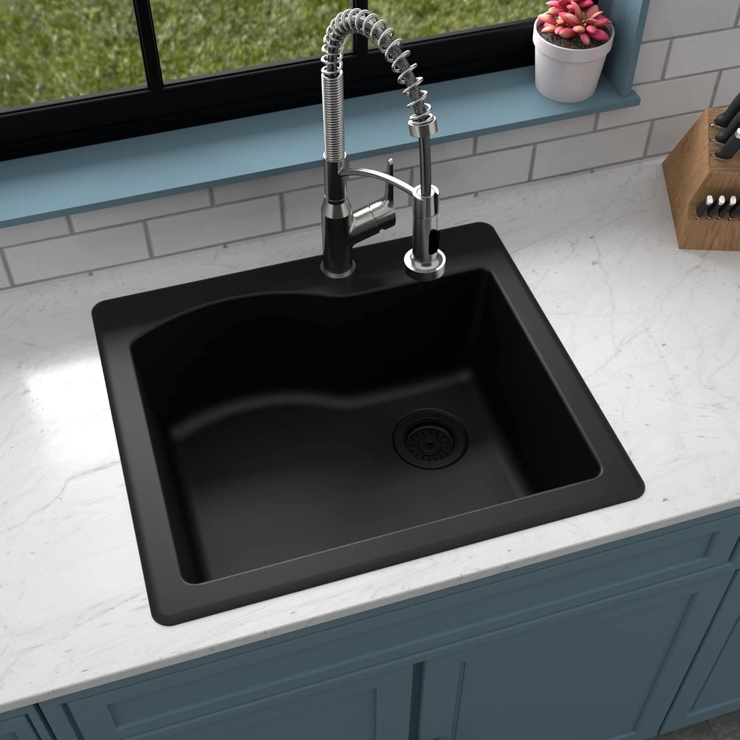 Karran QT-671 Drop-In Quartz Composite 25 in. 1-Hole Single Bowl Kitchen Sink in Black