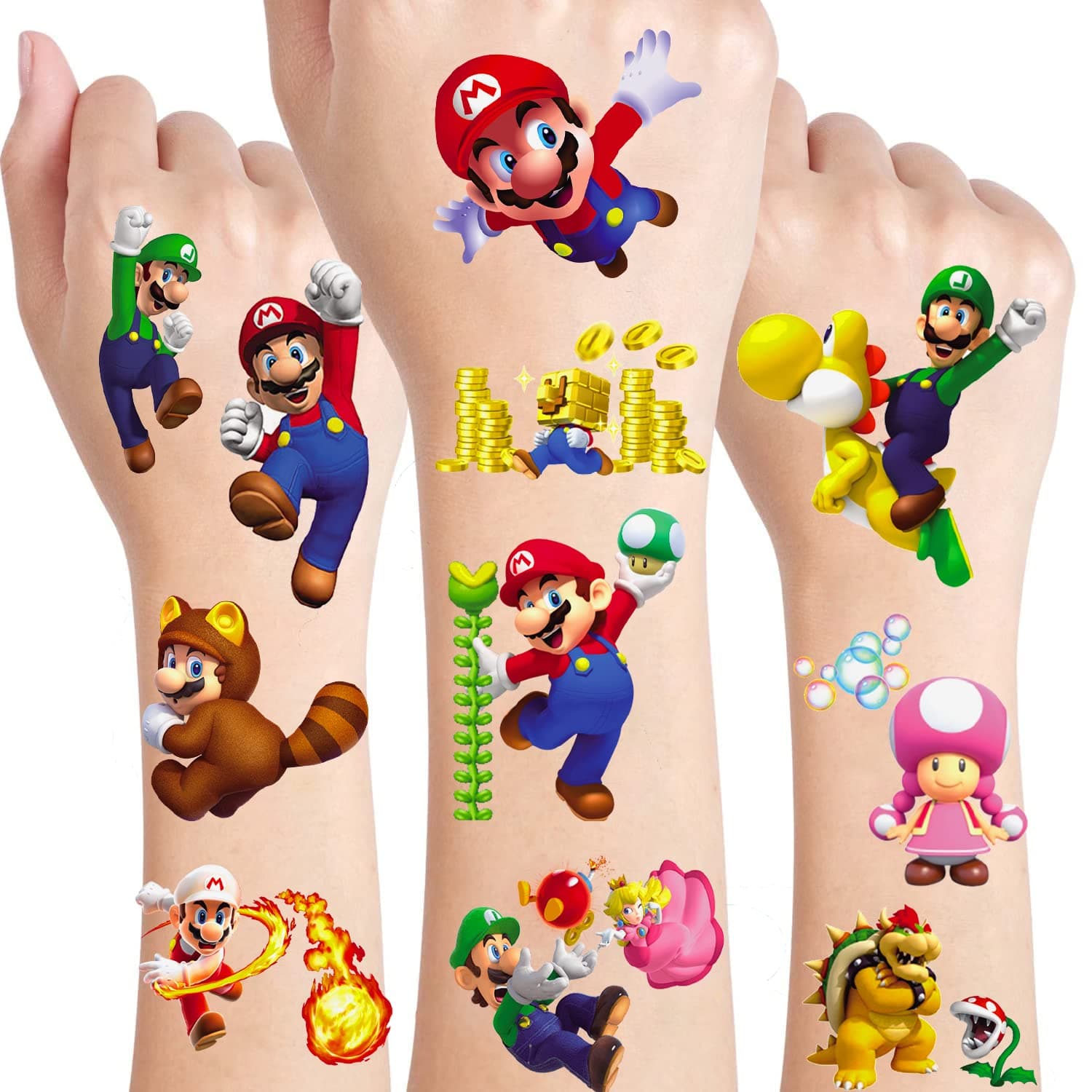 Super Bros Birthday Party Supplies,8 Sheets 136Pcs Temporary Tattoos Party Favors,Removable Skin Safe, Fake Tattoo Stickers for Super Bros Birthday Party Gifts Favors