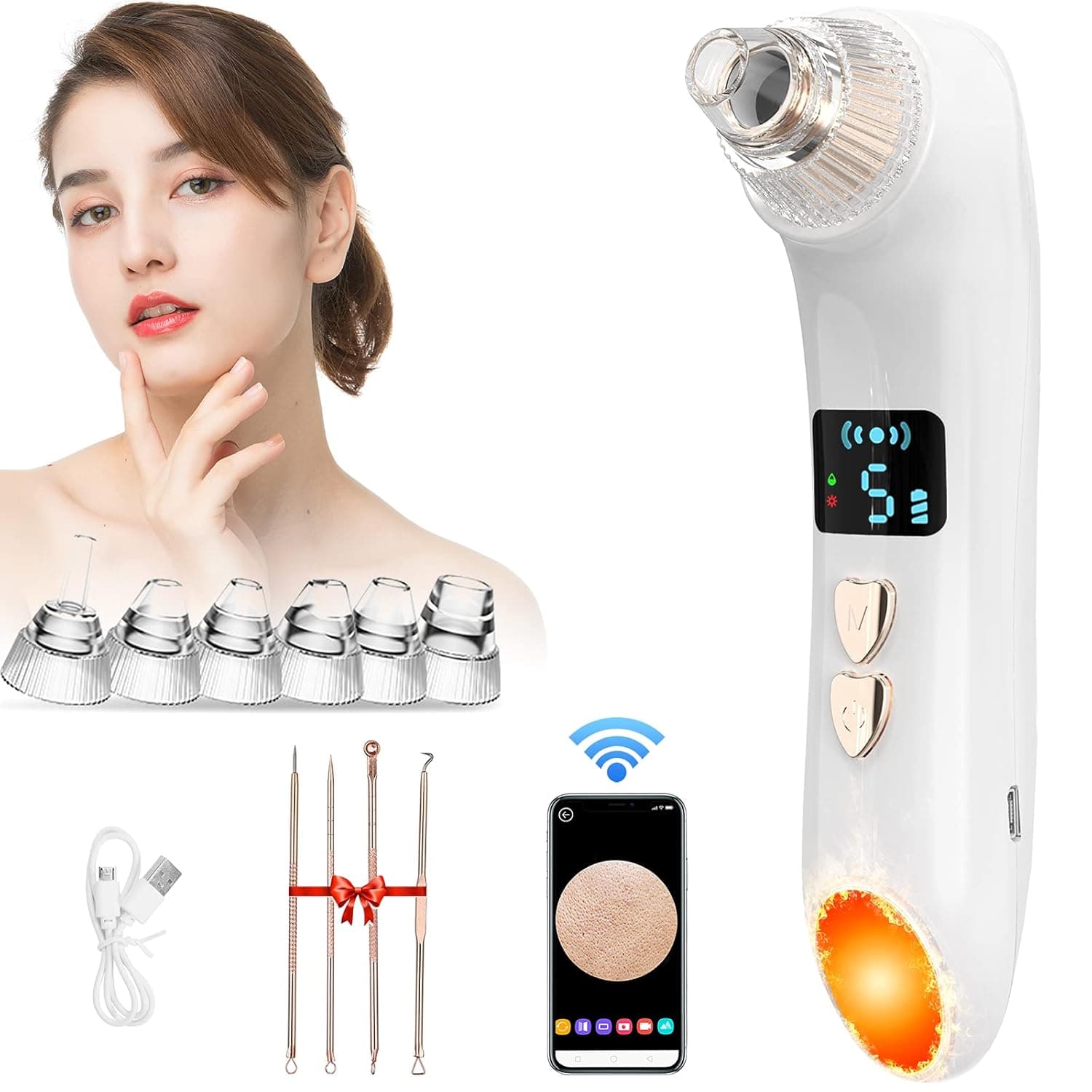 Blackhead Remover Vacuum-Xawy Upgraded WIFI Visible Facial Pore Cleanser with HD Camera,Rechargeable Suction Facial Pore Cleaner with LED Display,6 Replaceable Suction Probes and Blackhead Remover Kit