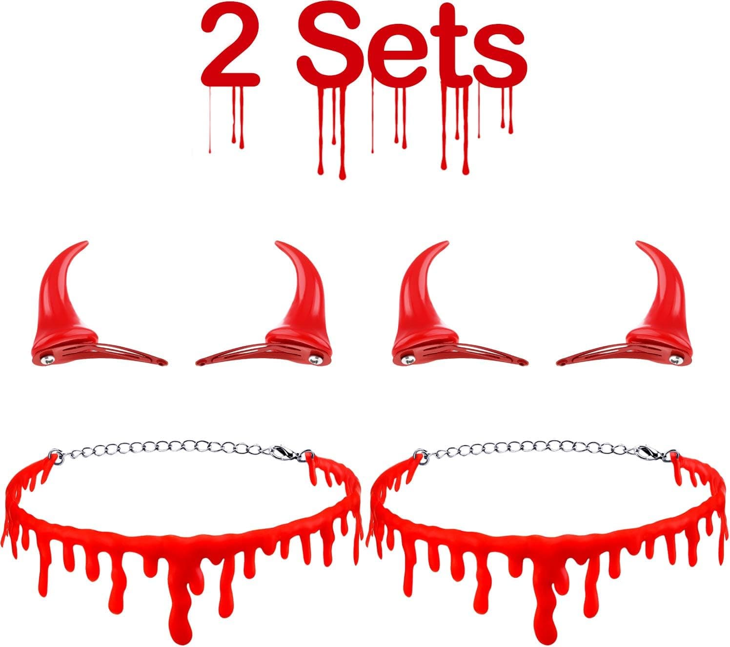 2 Pairs Halloween Red Devil Hair Clips and 2 Pieces Dripping Blood Choker Necklace Headwear Accessories for Halloween Party Dress Up