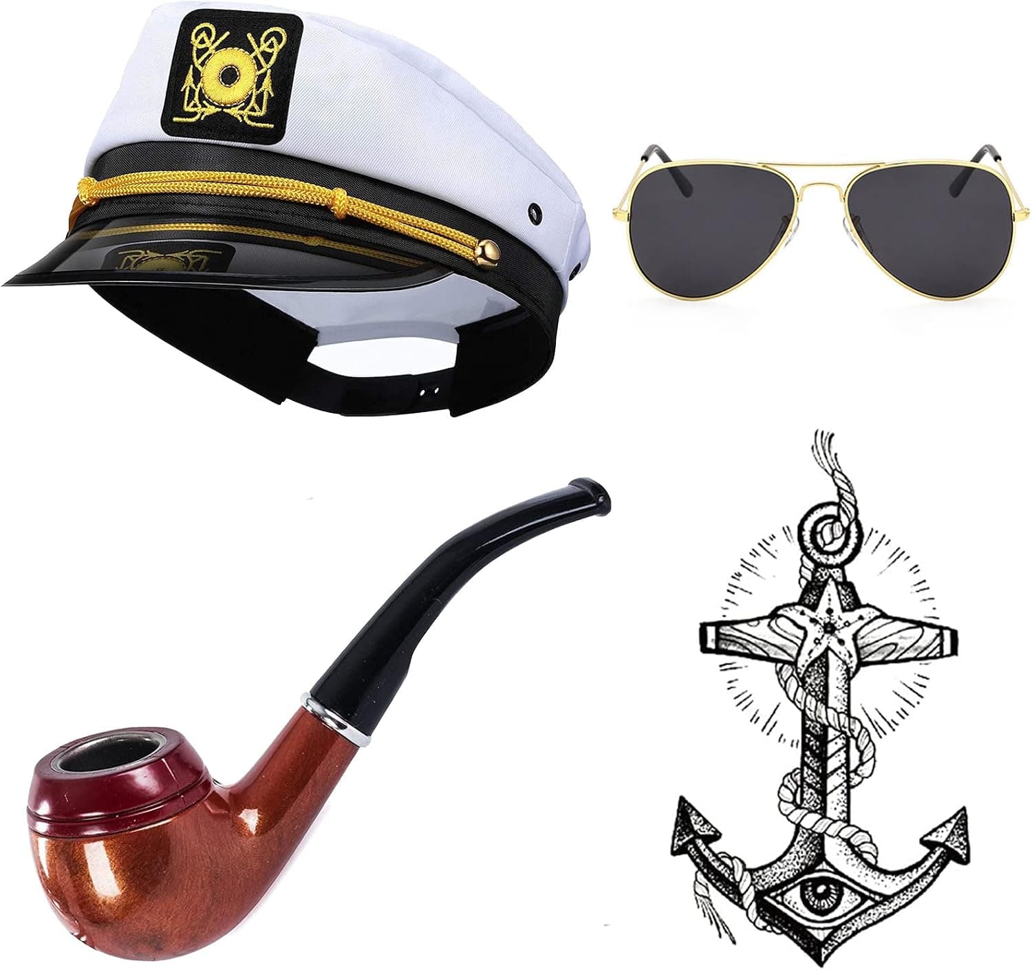 Yacht Captain & Sailor Costume Set - Hat,Corn Cob Pipe,Aviator Sunglasses,Vintage Anchor Temporary Tattoo