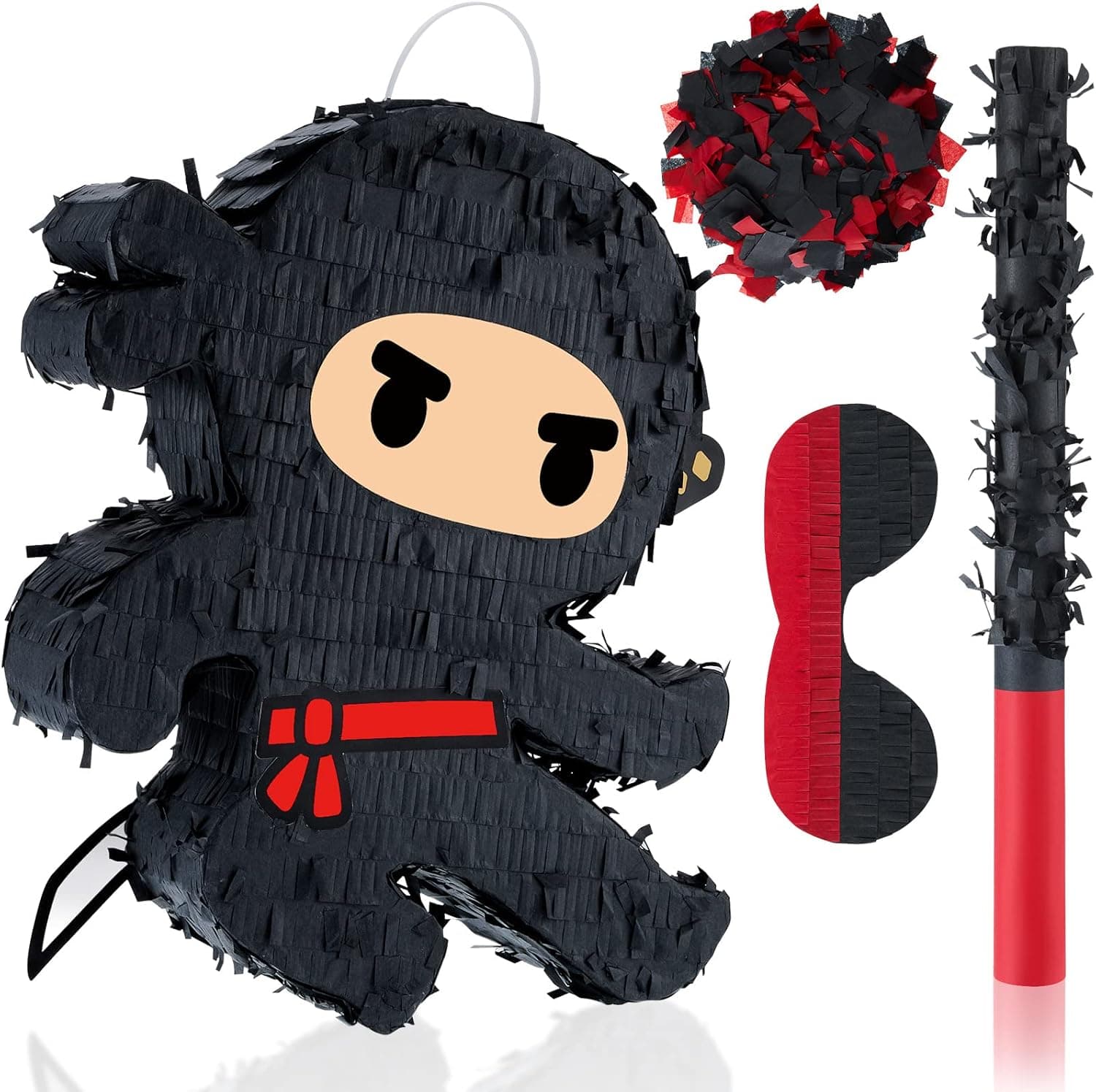 Karate Ninja Pinata Ninja Birthday Party Supplies with Pinata Stick Confetti and Blindfold, Ninja Warrior Birthday Party Decor for Adults Game Black Ninja Party (13 x 13 x 3 Inch, Vivid Style)