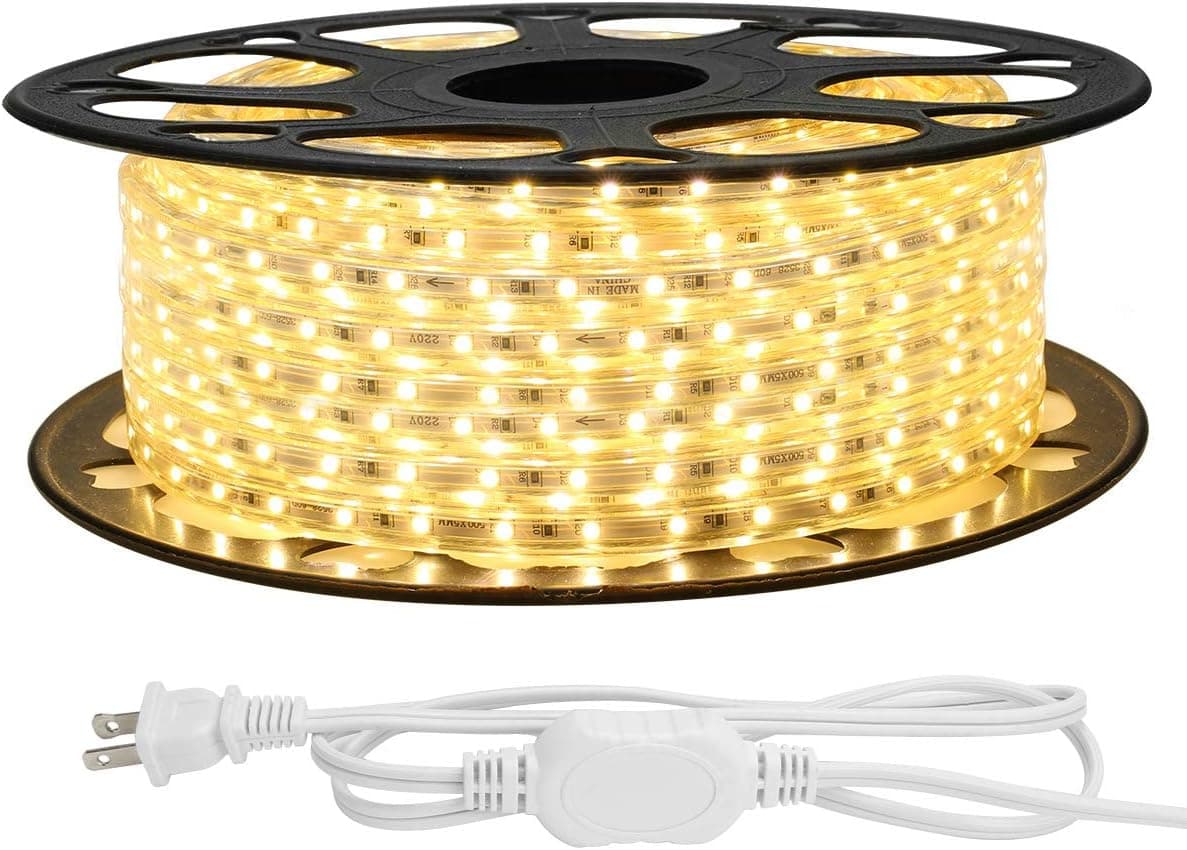 LE 82ft LED Strip Lights, 120 volt, 120W 1500 SMD 3528 LEDs, Waterproof, Flexible, Warm White, ETL Listed, Indoor Outdoor LED Rope Light for Kitchen, Ceiling, Patio, Under Cabinet Lighting and More