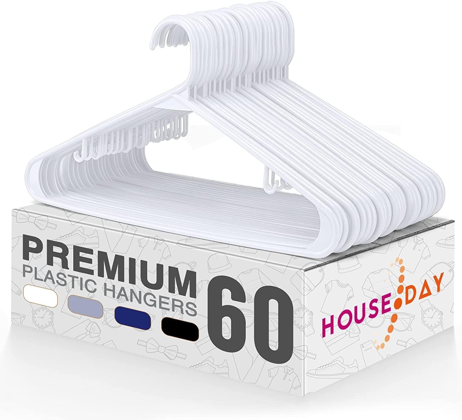 HOUSE DAY Plastic Hangers 60pack Durable White Clothes Hangers Lightweight Adult Space Saving Hangers fit for Shirt Dress Jacket