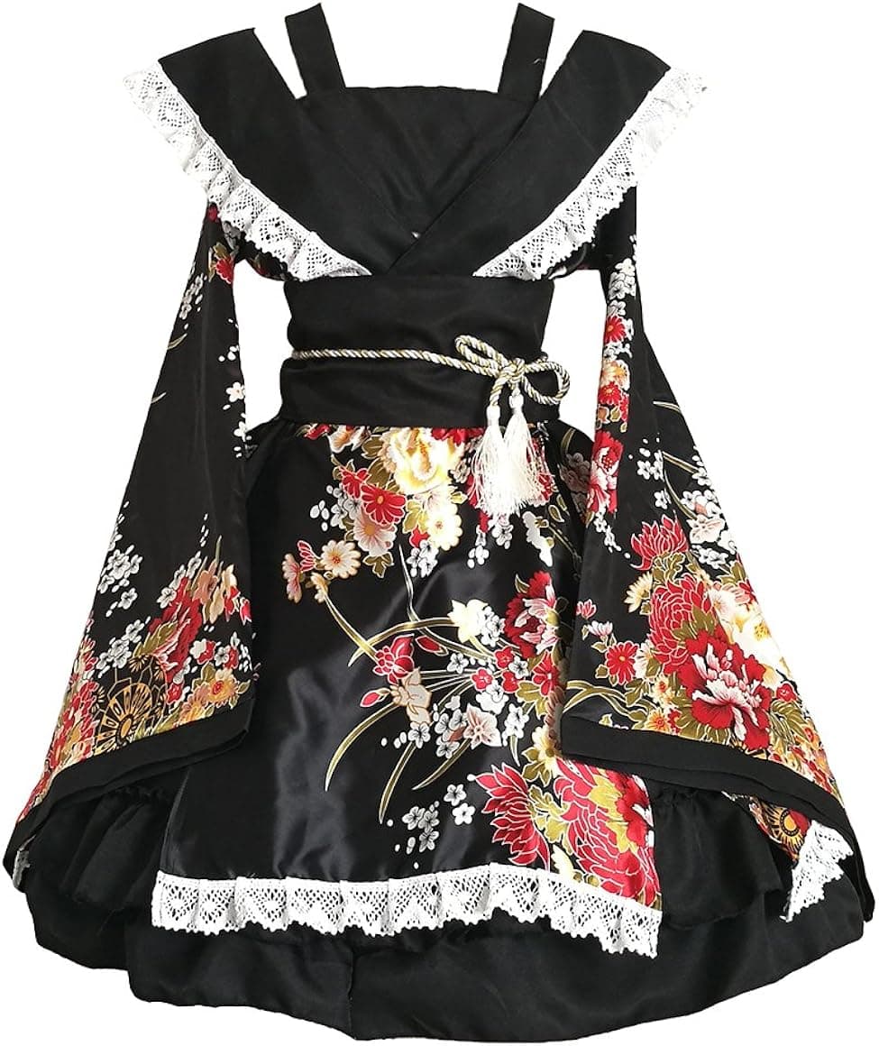 AvaCostume Womens Flower Printing Lace Edge Kimono Stlye Lolita Dress