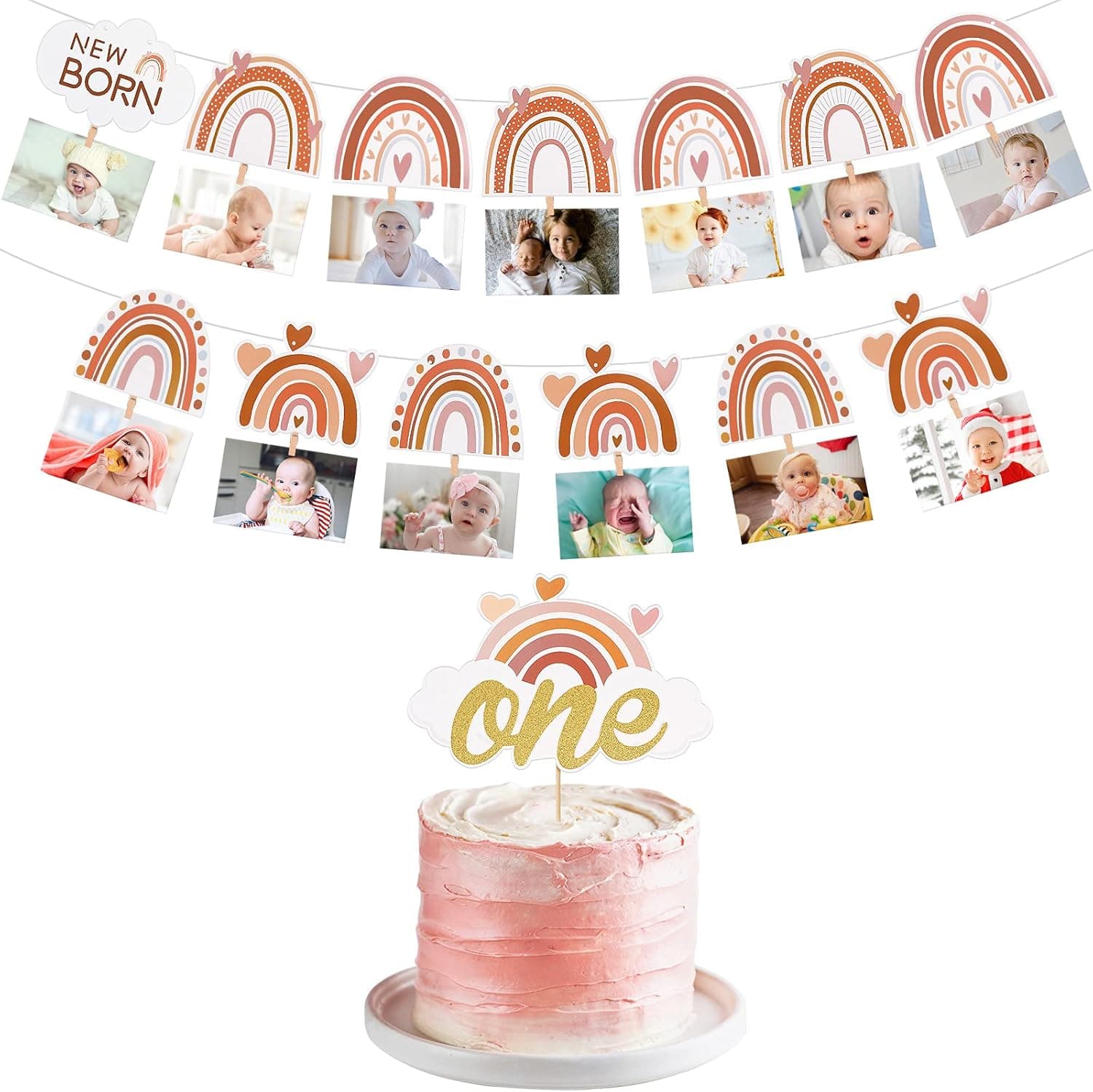 34 Pieces Boho Rainbow First Birthday Photo Supplies Bohemian Rainbow Baby Monthly Milestone Photo Banner with Boho Rainbow Cake Topper for Boho Birthday Party Supplies Photo Booth Props Decor