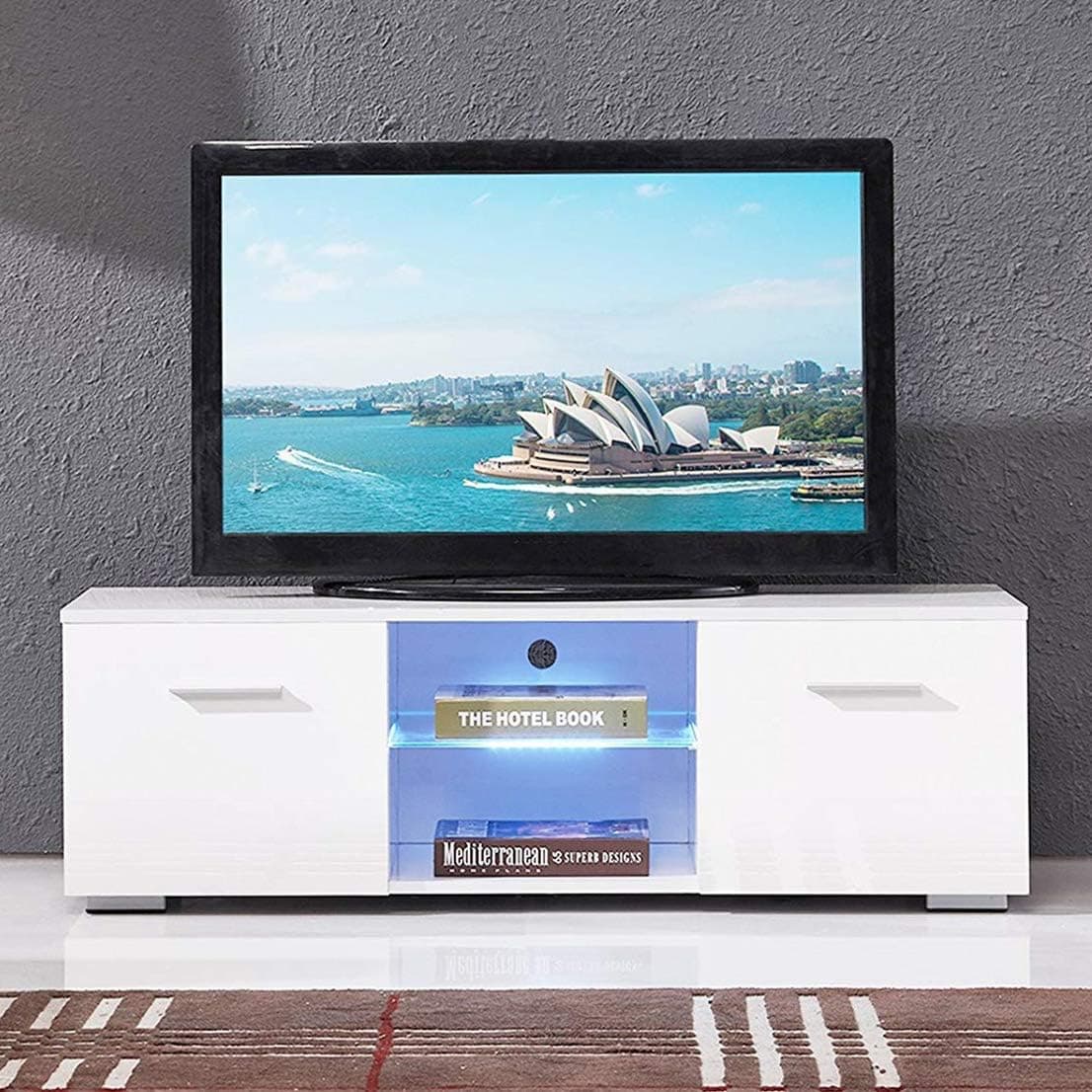 High Gloss TV Stand with LED Lights, Modern TV Stand for 50 in TV Console Storage Cabinet with 2 Drawers for Living Room (White)