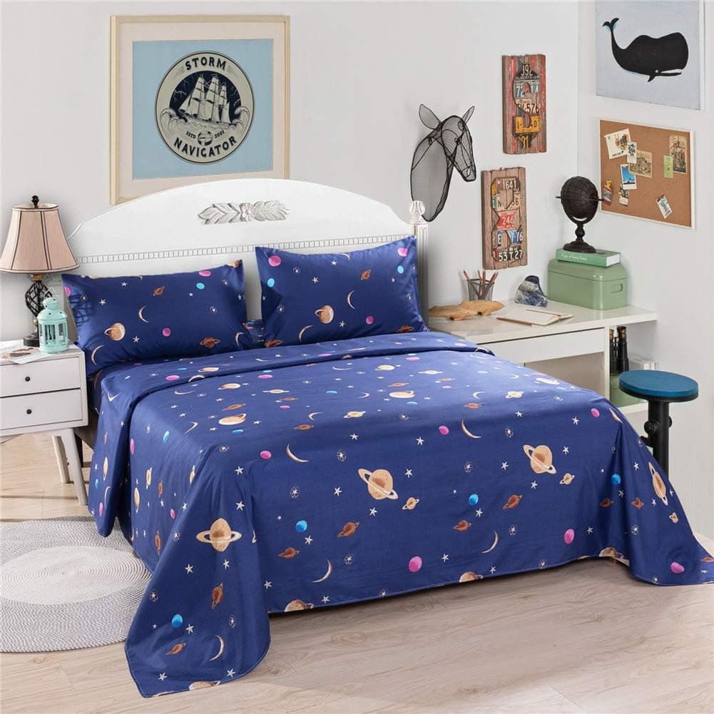 Bedlifes Space Sheets for Kids Boys Girls Moon and Stars Bed Sheets Flat Sheet& Fitted Sheet with Pillowcase 3PCS Navy Twin