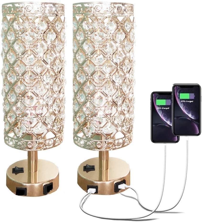 Pack of 2 Surpars House Crystal Table Lamp with Double USB Charging Port, On/Off Switch on Base,Bedside Lamp Nightstand Lamp,Golden