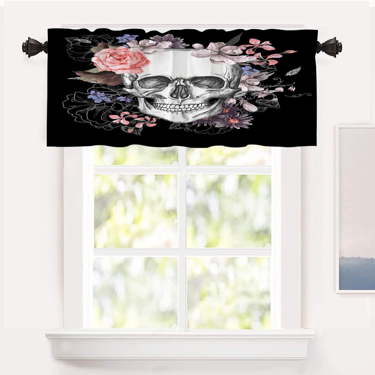 Shrahala Skull Flowers Vintage Kitchen Valances Half Window Curtain, Day of The Dead Sugar Skull with Rose Kitchen Valance for Window Ink Printing Kitchen Valances for Kitchen Decor 52x18 inch
