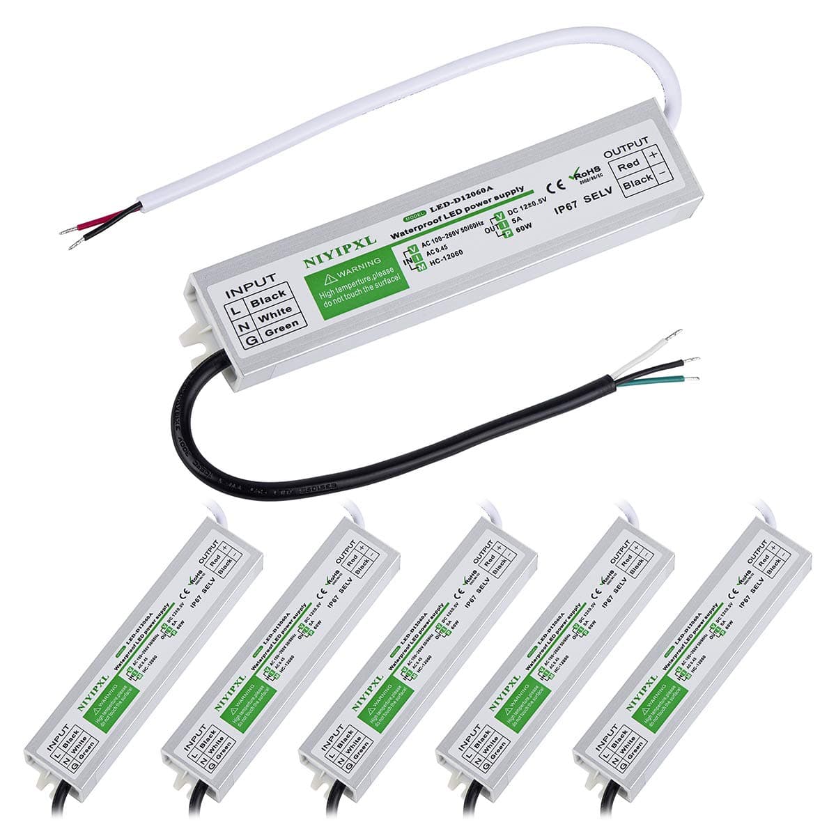 （Pack of 6） LED Driver 60 Watts Waterproof IP67 Power Supply Transformer Adapter 100V-260V AC to 12V DC Low Voltage Output for LED Light, Computer Project, Outdoor Light and Any 12V DC led Lights